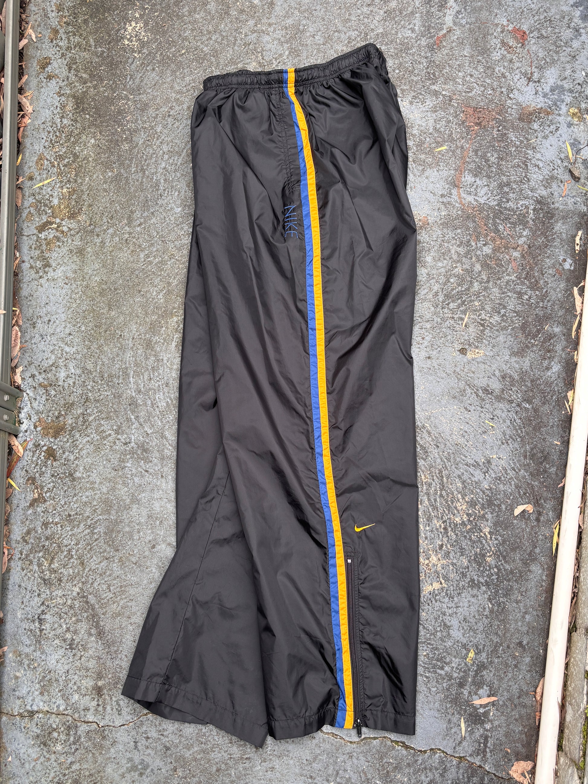 Vintage 90s Nike Track Pants Size L Black Yellow Detail Spell Out Super Wide Leg