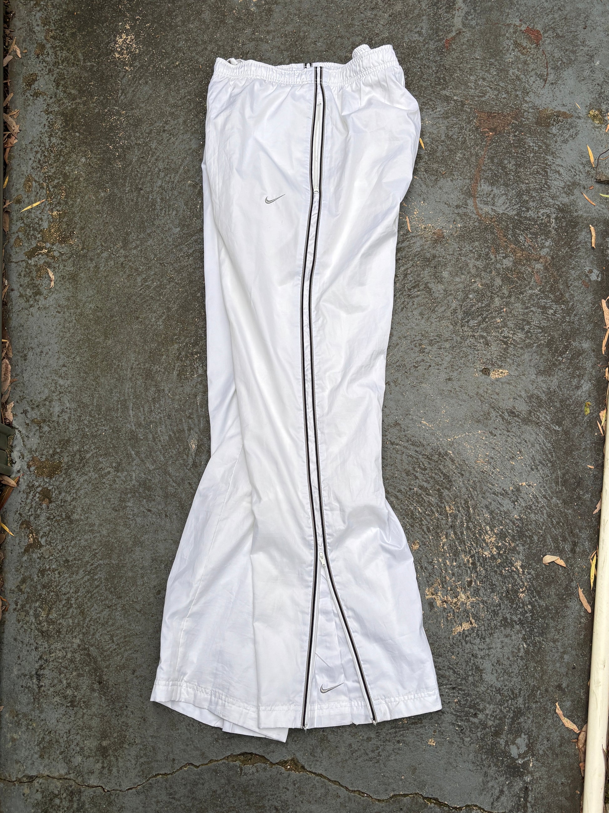 Vintage Y2K Nike Track Pants L White Grey Side Detail Wide Leg Ankle Zip Windbreakers