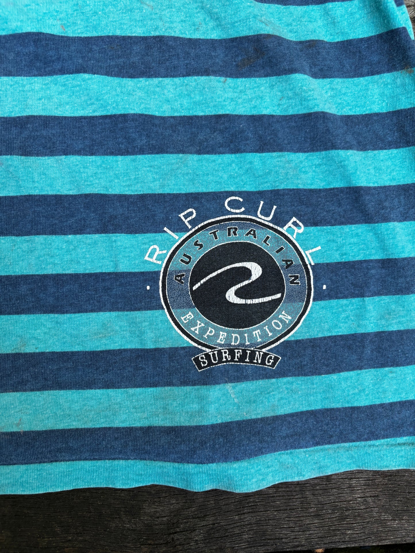 Vintage Rip Curl T-shirt in Green Blue Striped 1980s