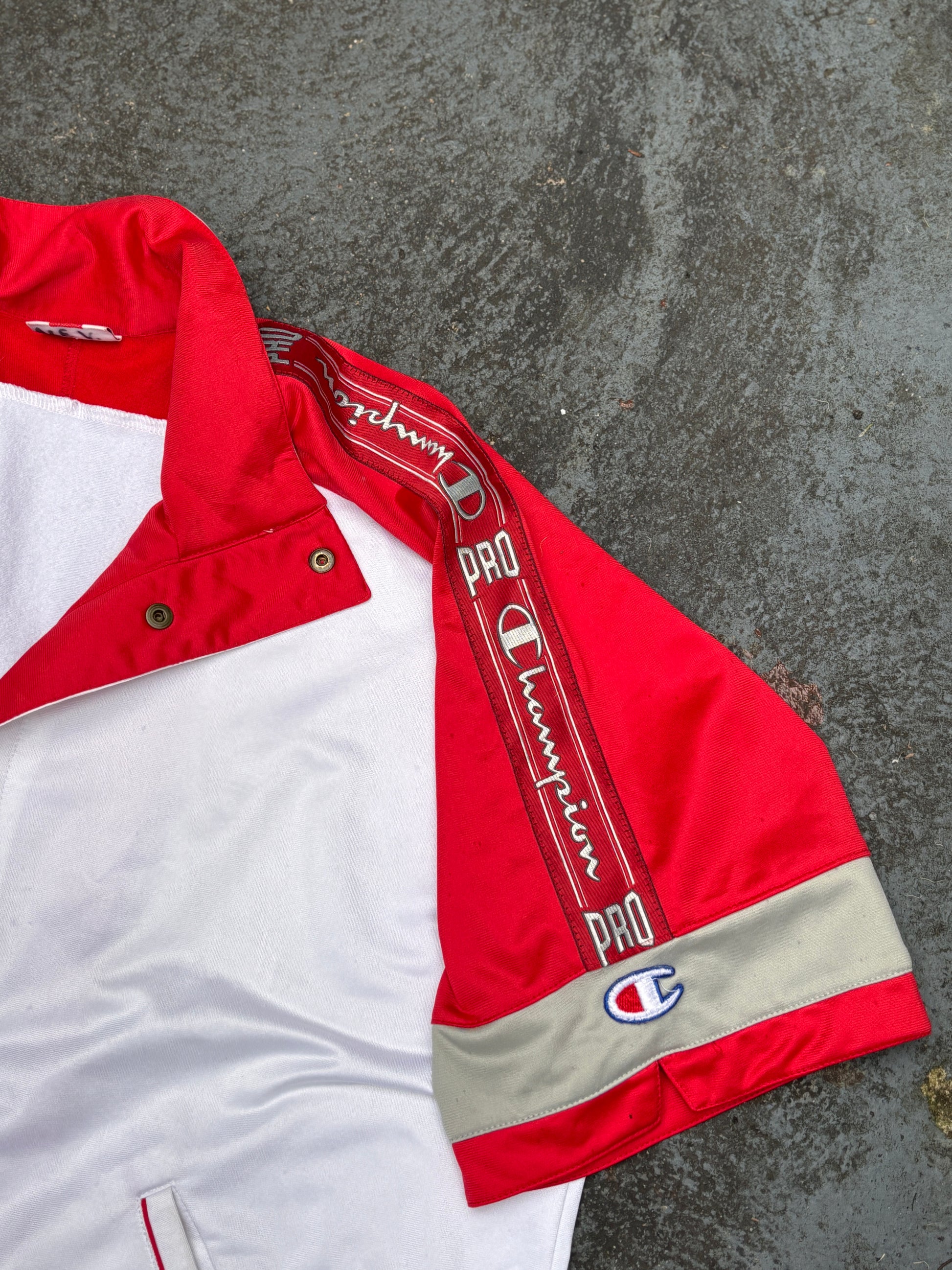 Vintage 90s Champion Pro Warm Up Jacket Size M Oversized White Logo Tape Button