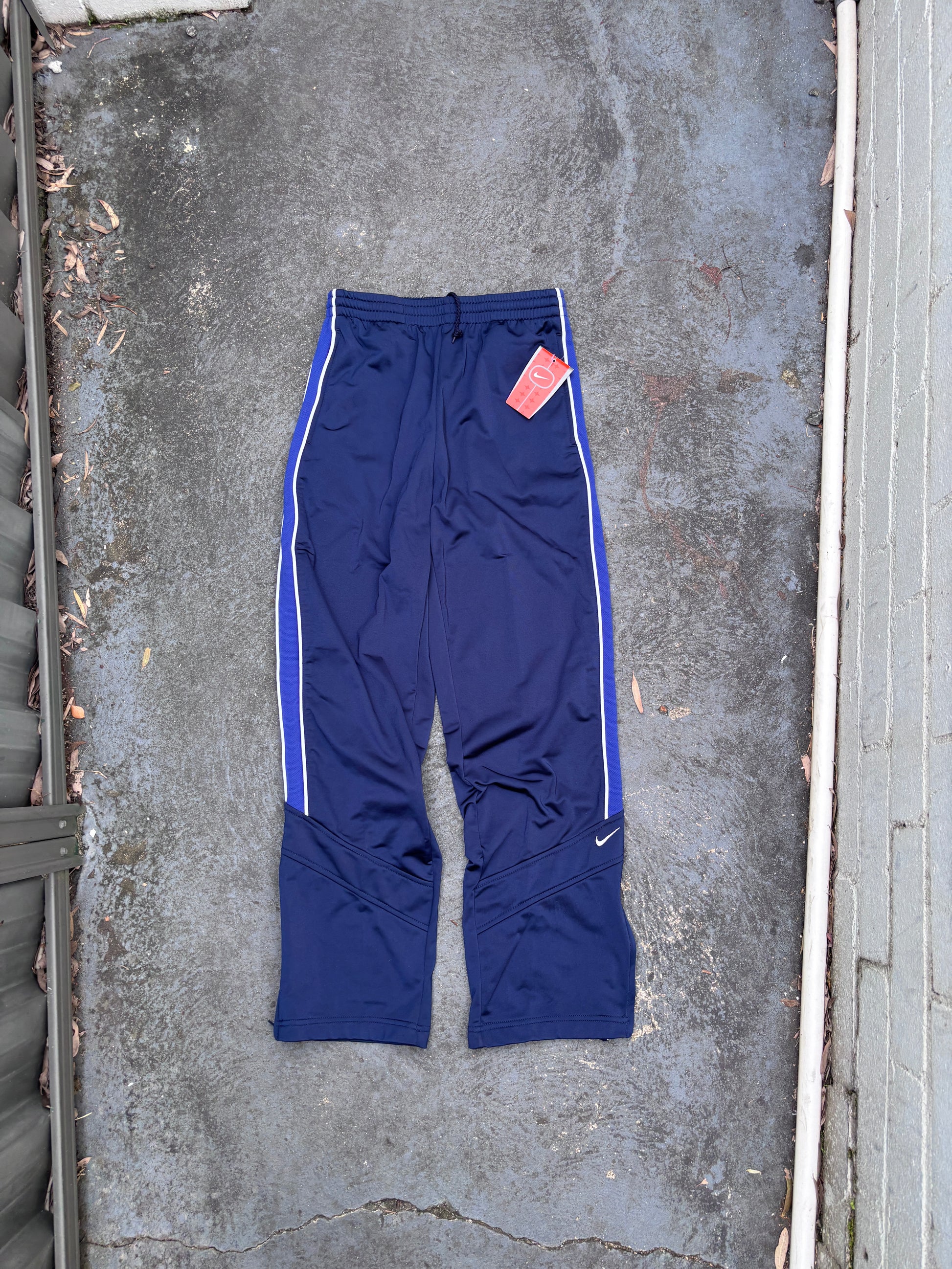 Vintage Y2K Nike Track Pants Unisex Size S Navy Blue Detail Satin Finish NWT Deadstock