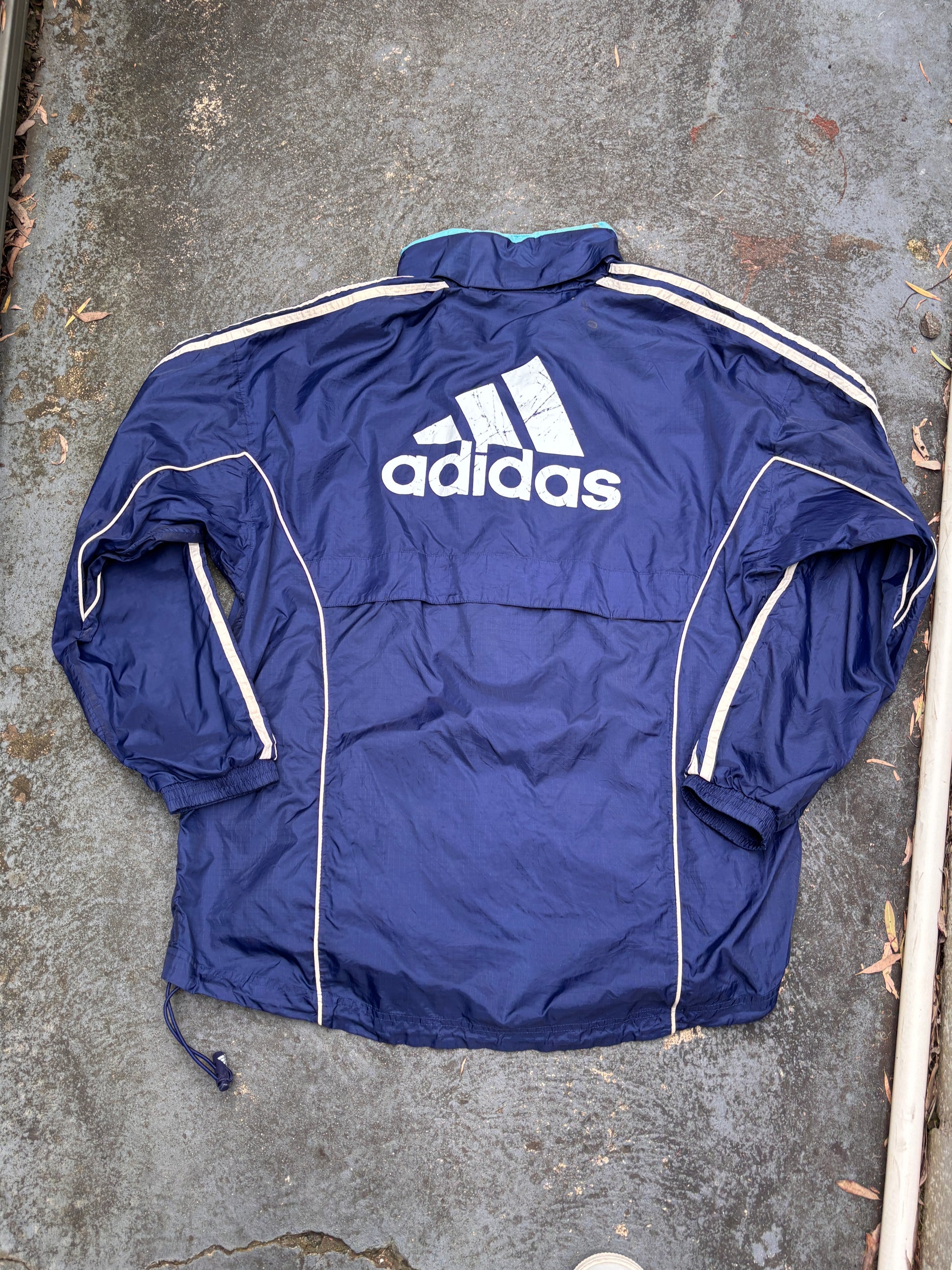 Vintage Adidas Droit Au But Jacket Size M Navy Chest Logo Nylon Windbreaker w Hood