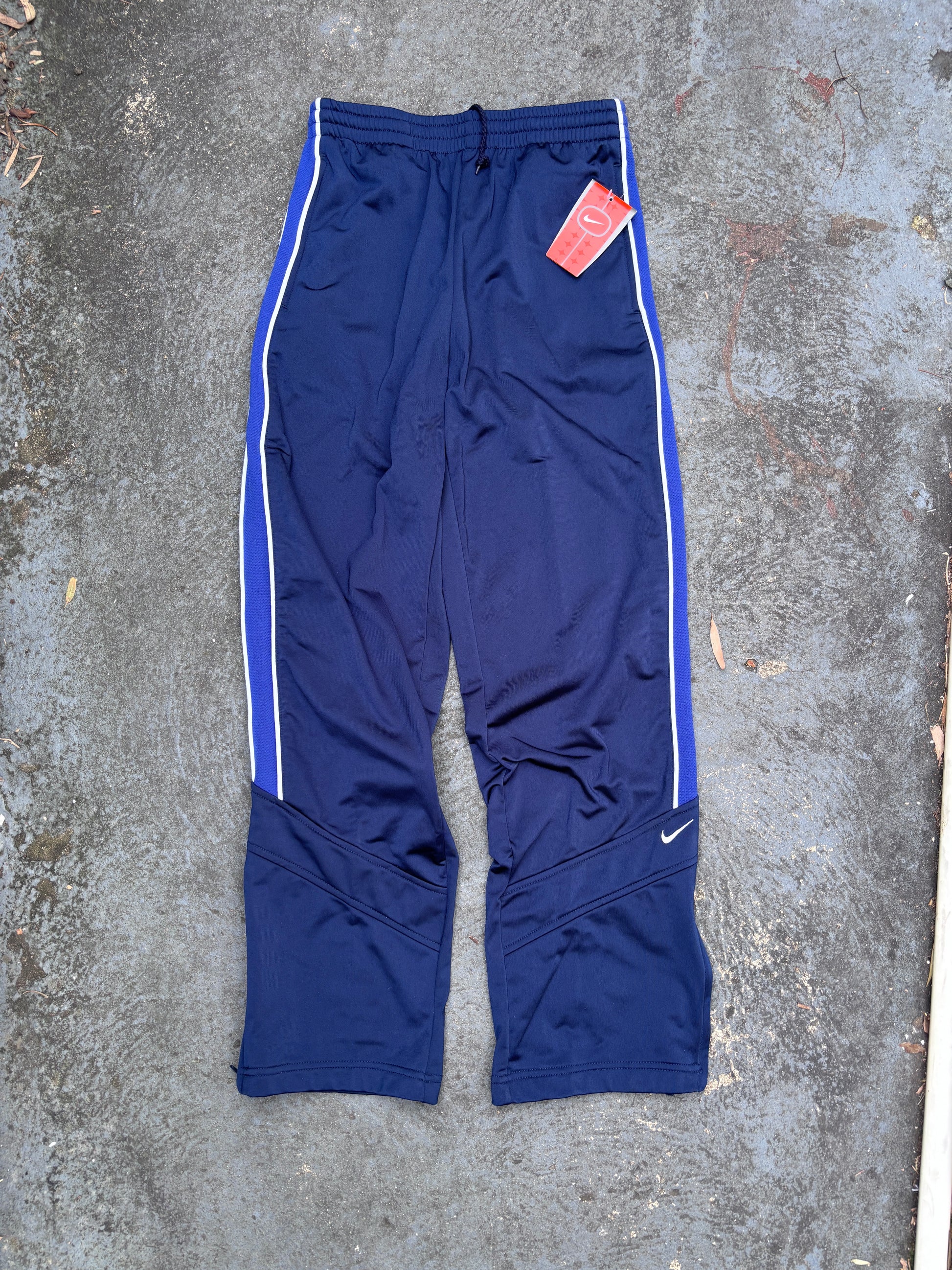 Vintage Y2K Nike Track Pants Unisex Size S Navy Blue Detail Satin Finish NWT Deadstock