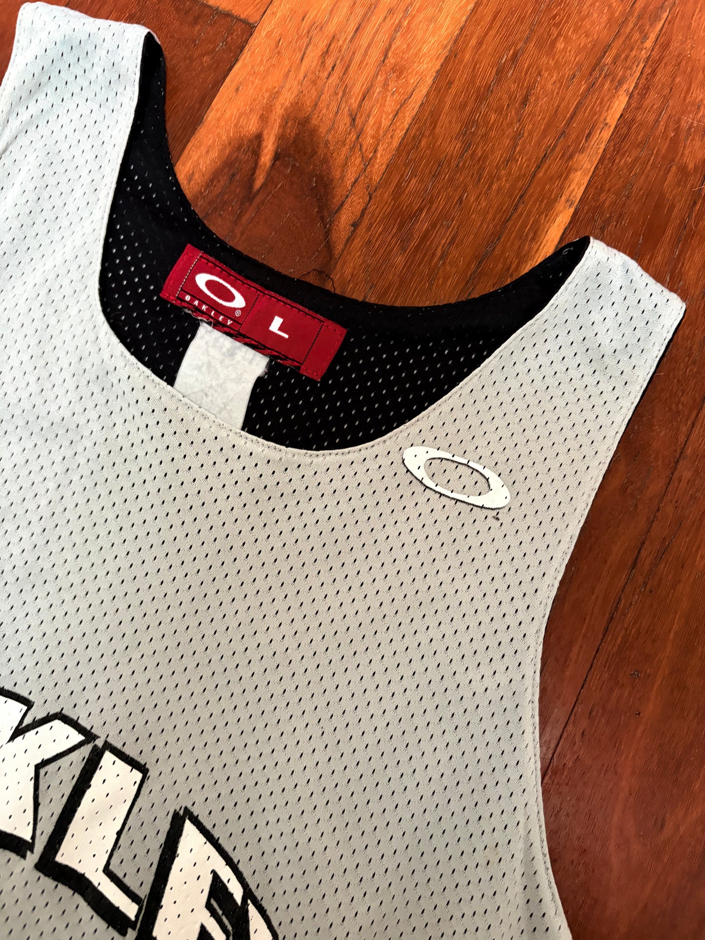 Vintage 90s Oakley Mad Science Jersey Size L Grey Black Mesh Sleeveless T-shirt