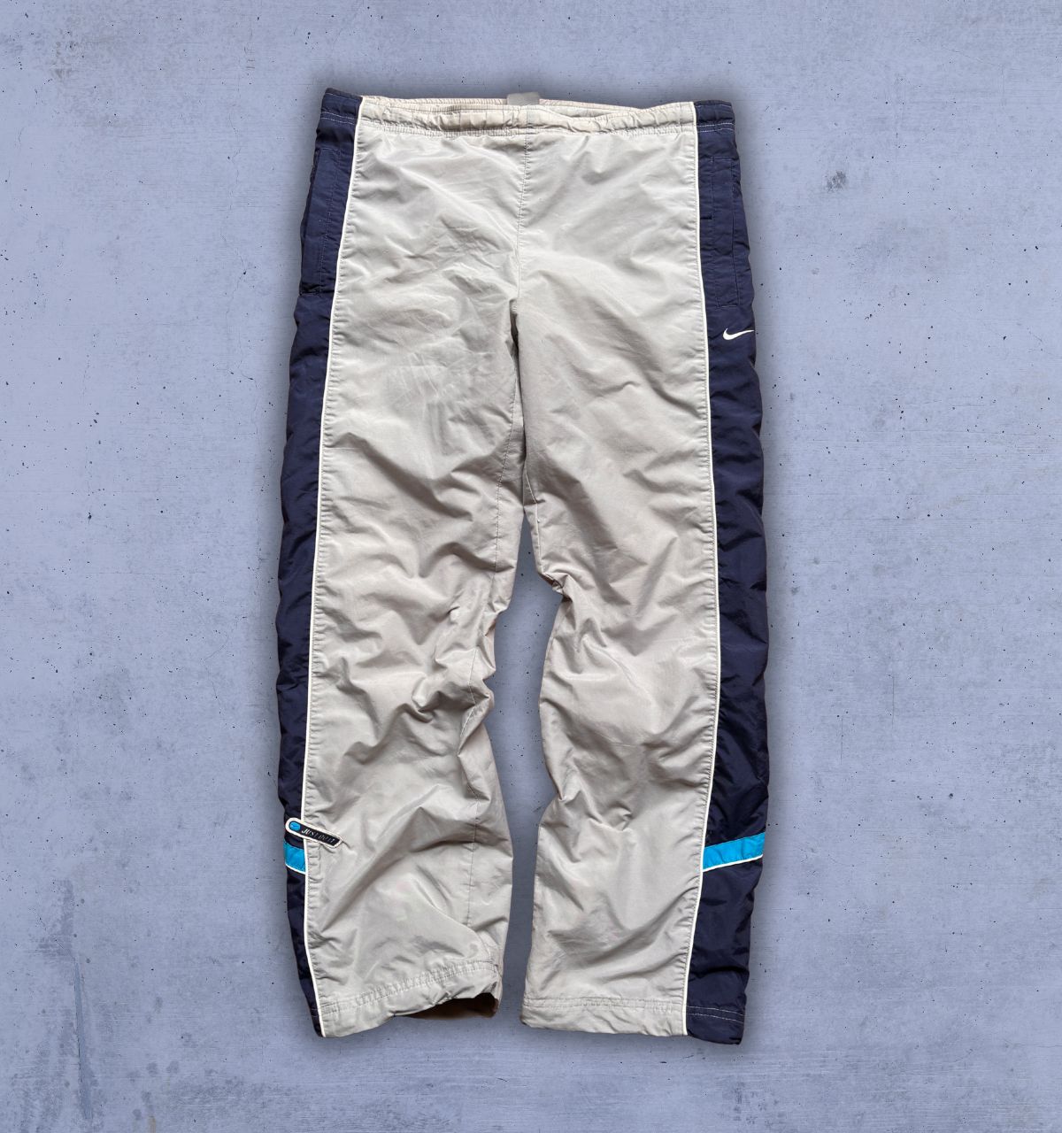 Vintage Y2K Nike Track Pants Women’s M Grey Blue Detail Swoosh Badge Wide Leg