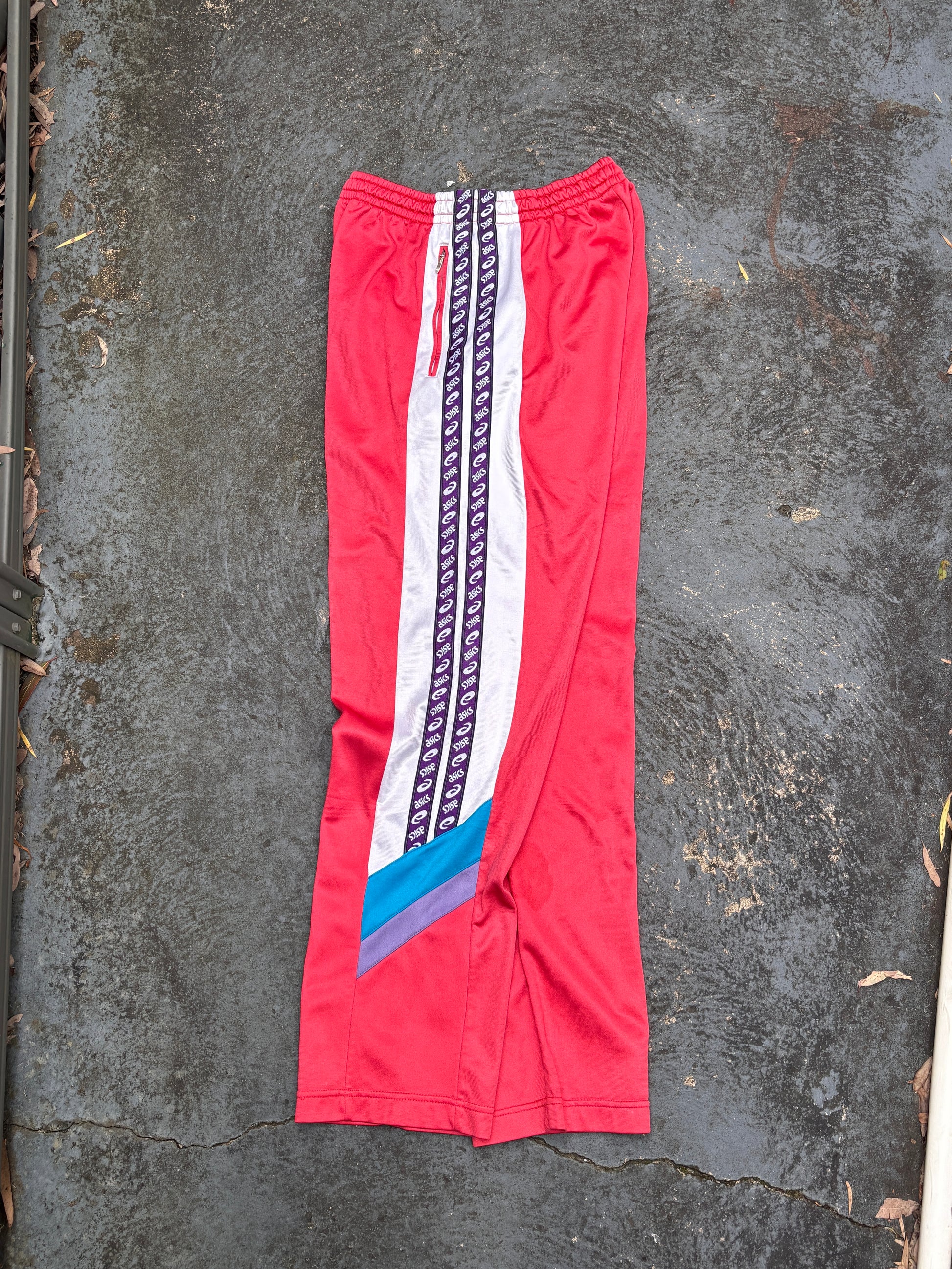 Vintage 90s Asics Track Pants Womens S Red Spell Out Side Tape Straight Leg Retro Style