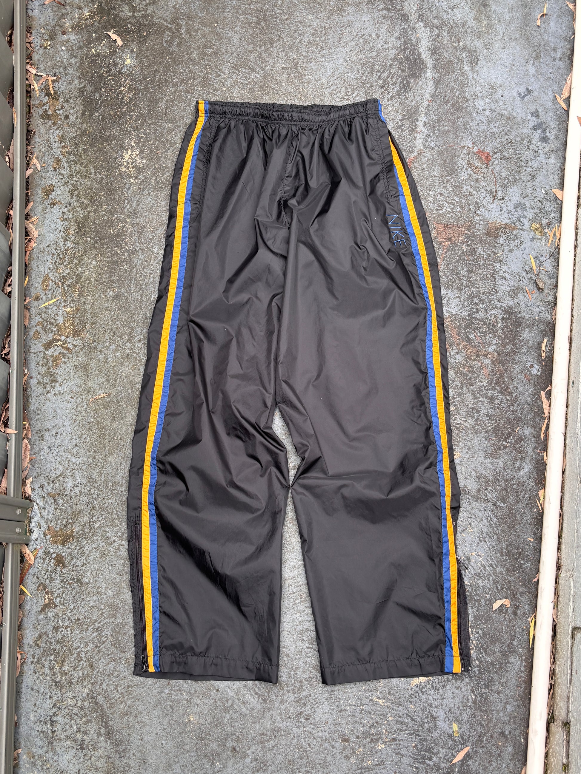 Vintage 90s Nike Track Pants Size L Black Yellow Detail Spell Out Super Wide Leg