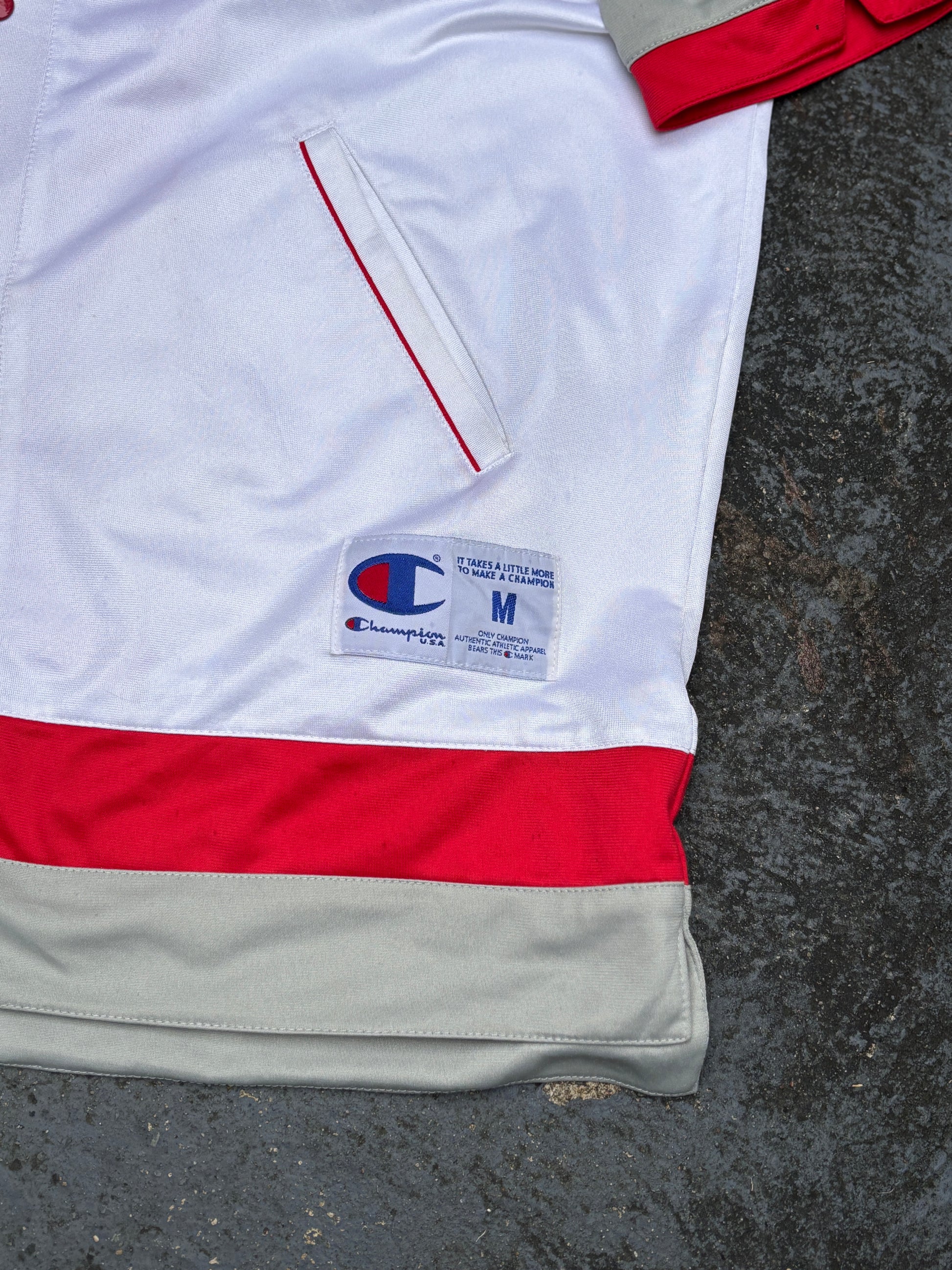 Vintage 90s Champion Pro Warm Up Jacket Size M Oversized White Logo Tape Button