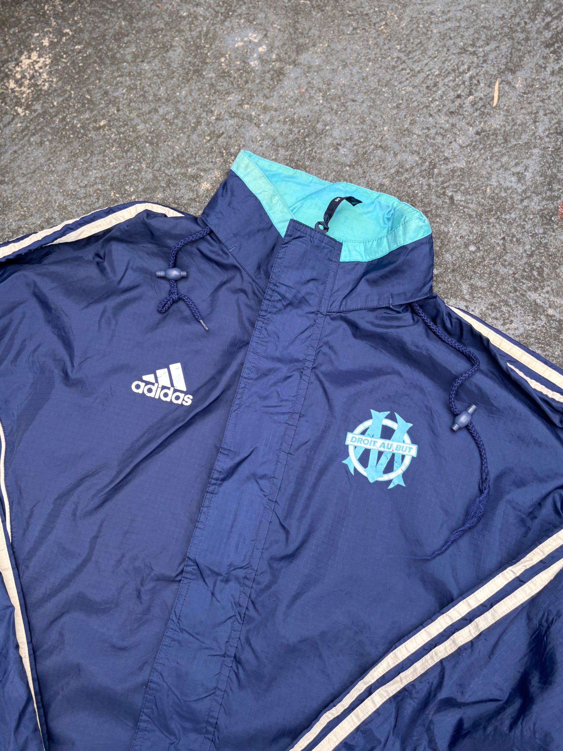 Vintage Adidas Droit Au But Jacket Size M Navy Chest Logo Nylon Windbreaker w Hood