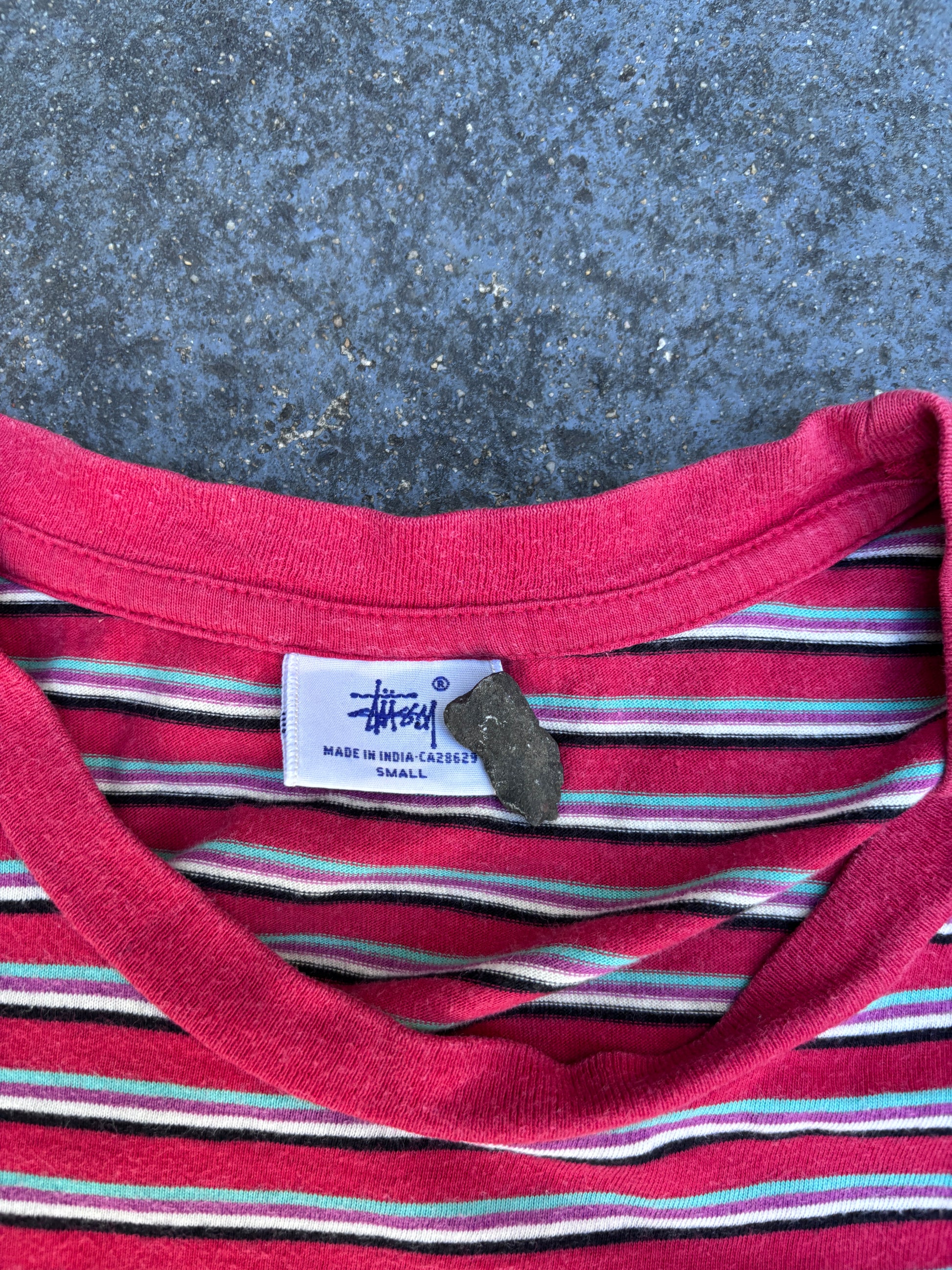 Vintage Y2K Stussy T-Shirt Men’s S Red Striped Spell Out Embroidered Logo