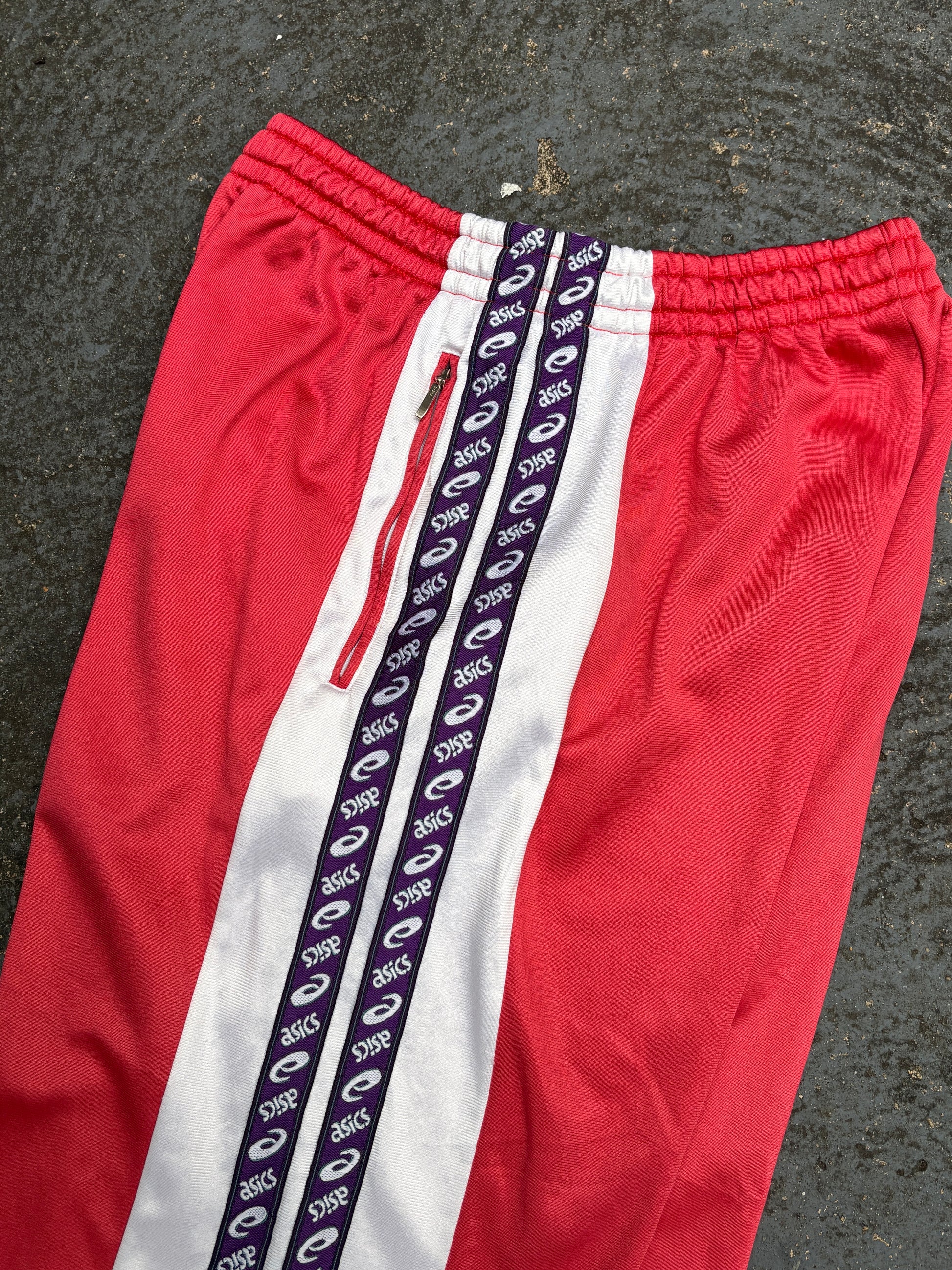 Vintage 90s Asics Track Pants Womens S Red Spell Out Side Tape Straight Leg Retro Style