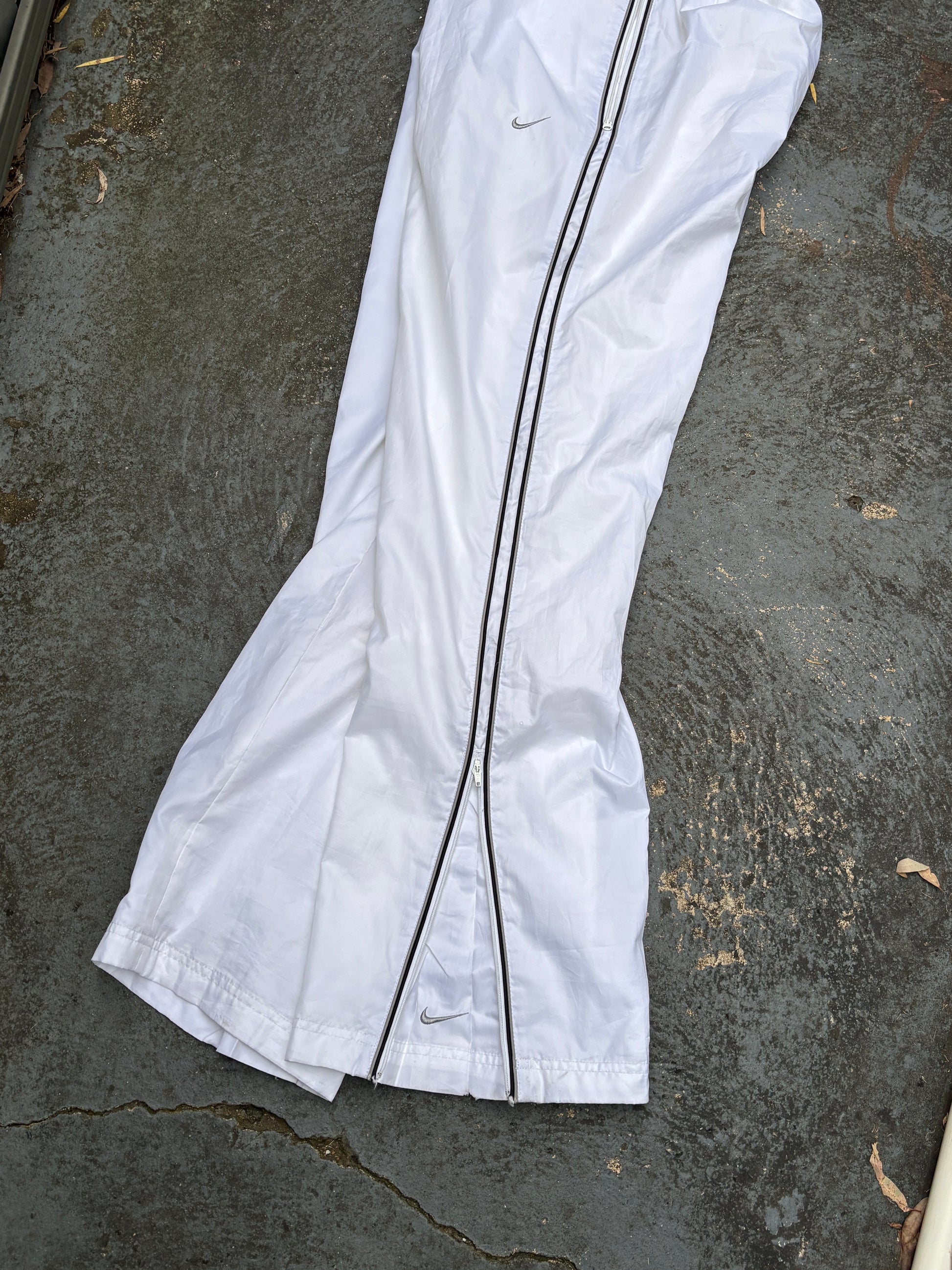 Vintage Y2K Nike Track Pants L White Grey Side Detail Wide Leg Ankle Zip Windbreakers