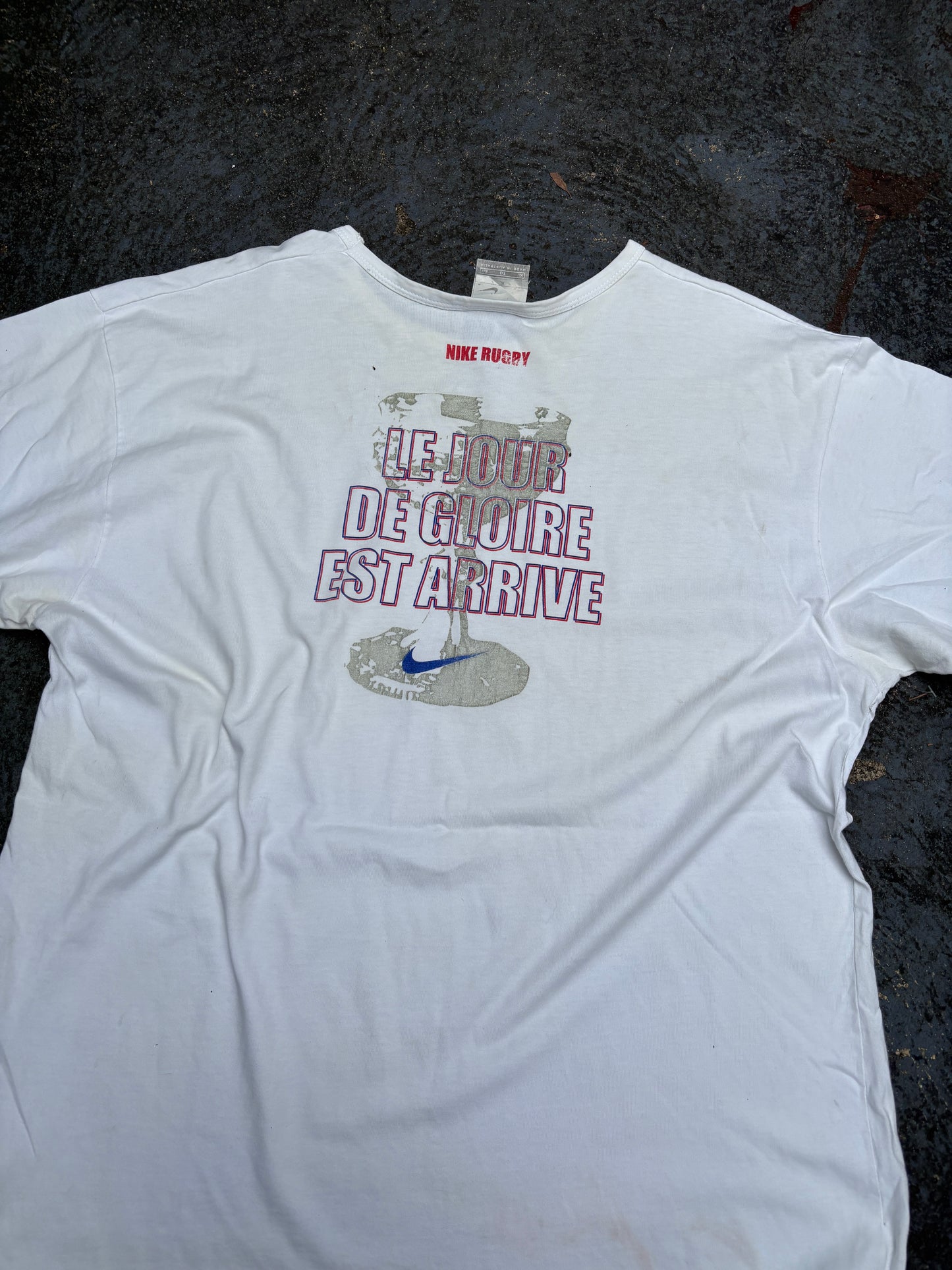 Vintage Y2K Nike France Rugby T-Shirt XL White Faded Crew Neck Made in Aus