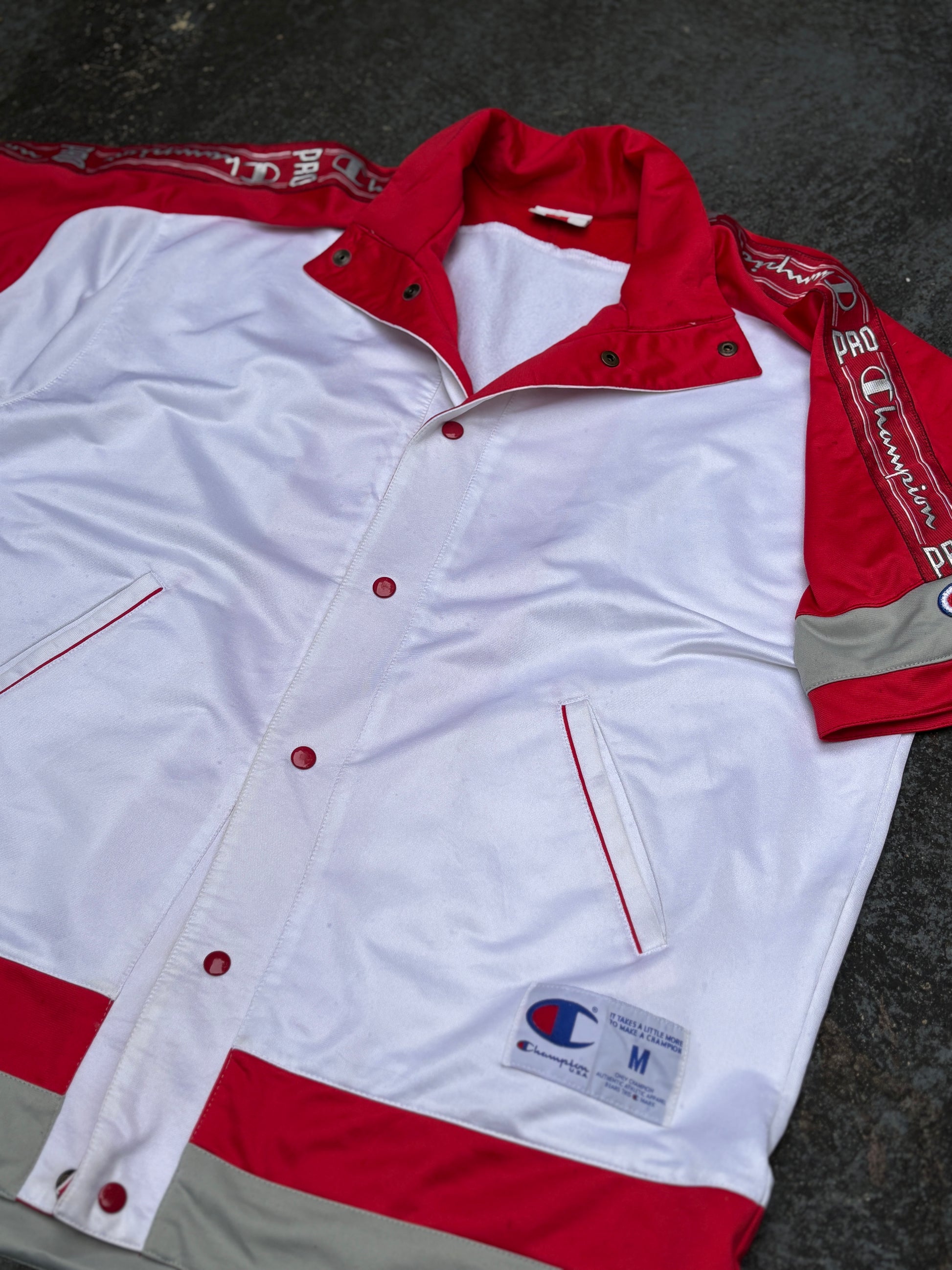 Vintage 90s Champion Pro Warm Up Jacket Size M Oversized White Logo Tape Button