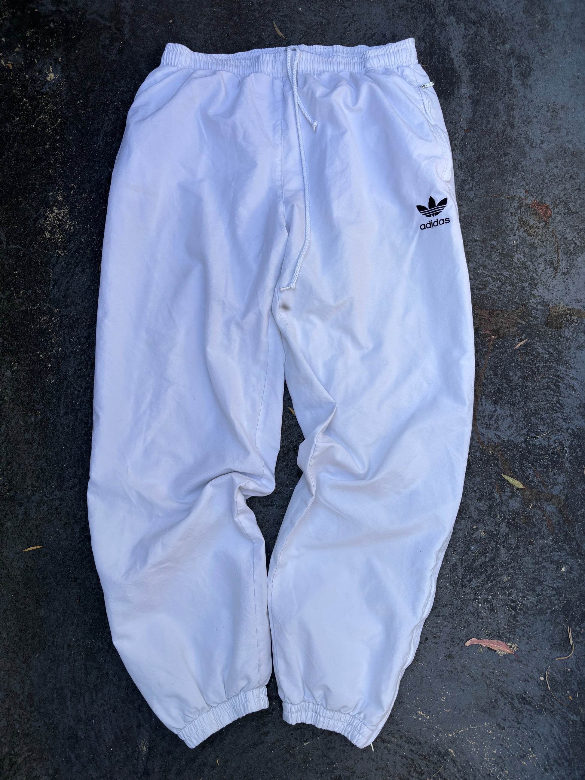 Vintage 90s Adidas Track Pants Size L White Black Logo Straight Leg Cuffed