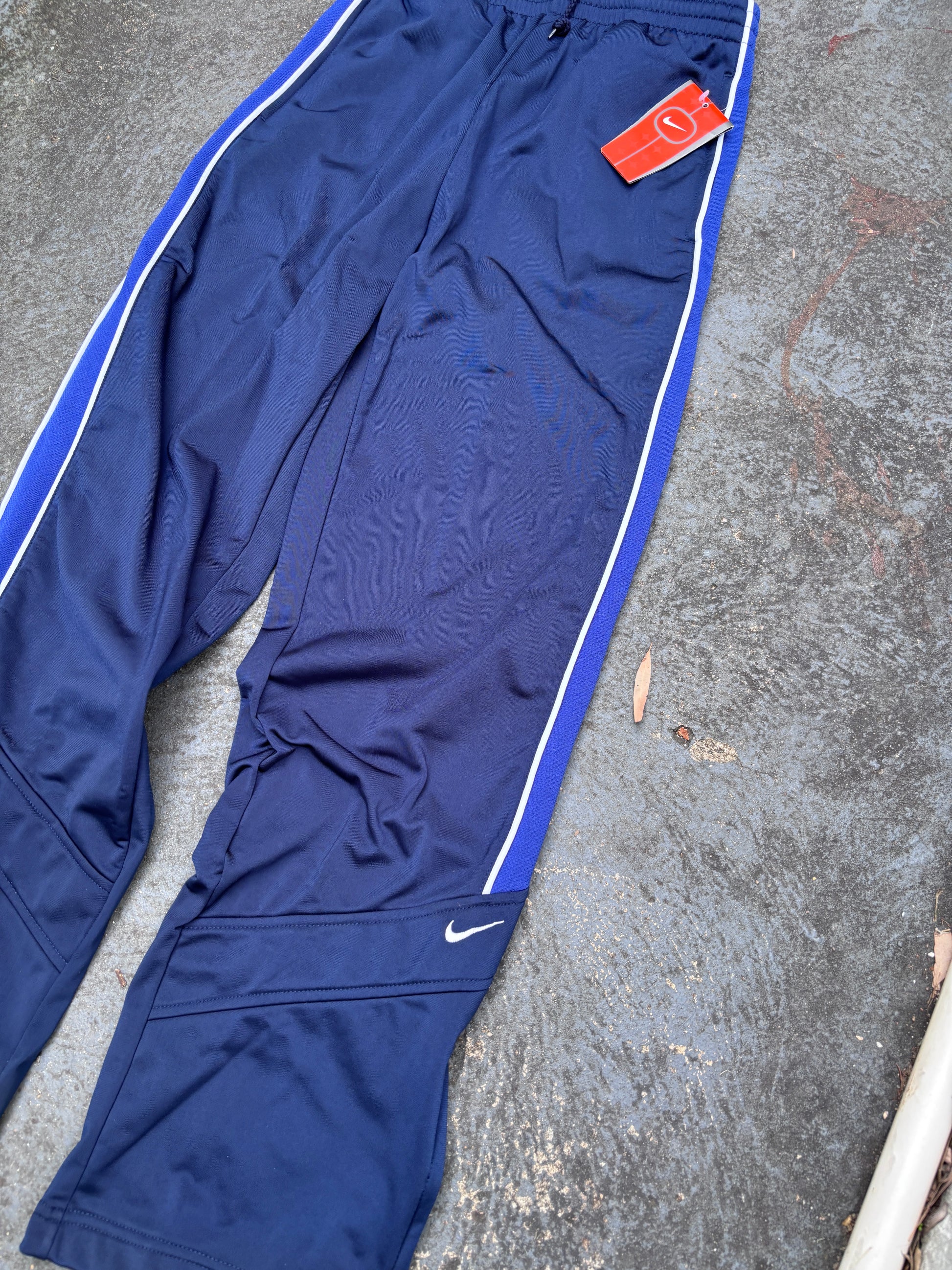 Vintage Y2K Nike Track Pants Unisex Size S Navy Blue Detail Satin Finish NWT Deadstock