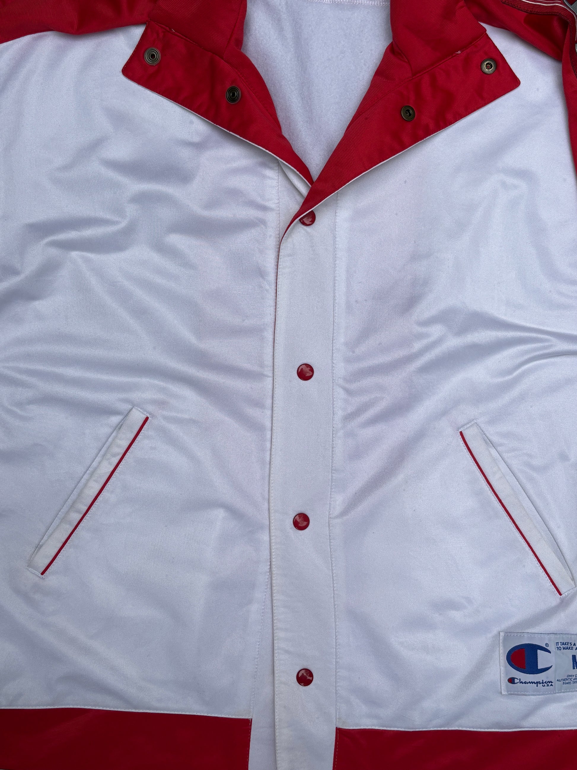 Vintage 90s Champion Pro Warm Up Jacket Size M Oversized White Logo Tape Button
