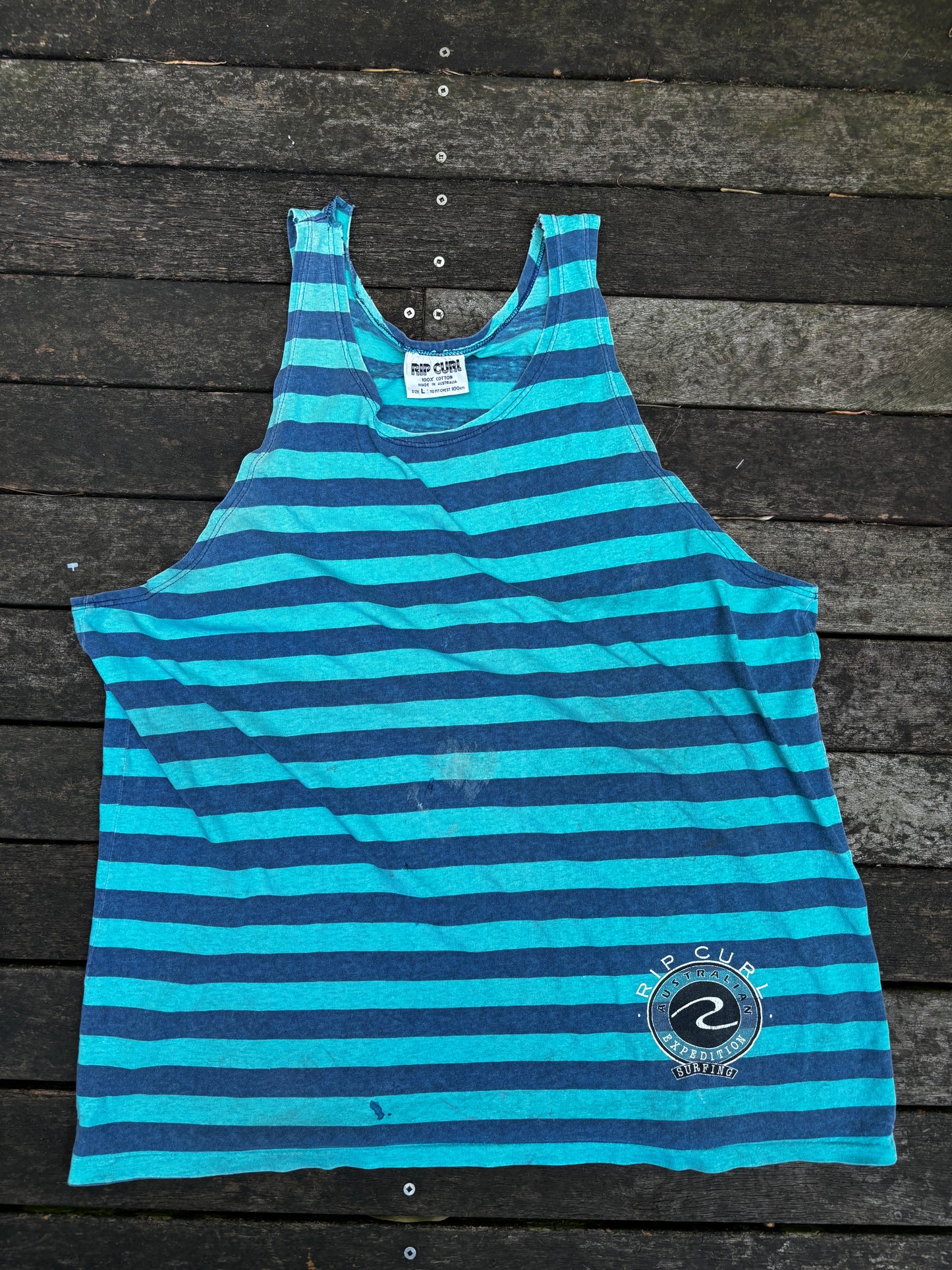 Vintage Rip Curl T-shirt in Green Blue Striped 1980s