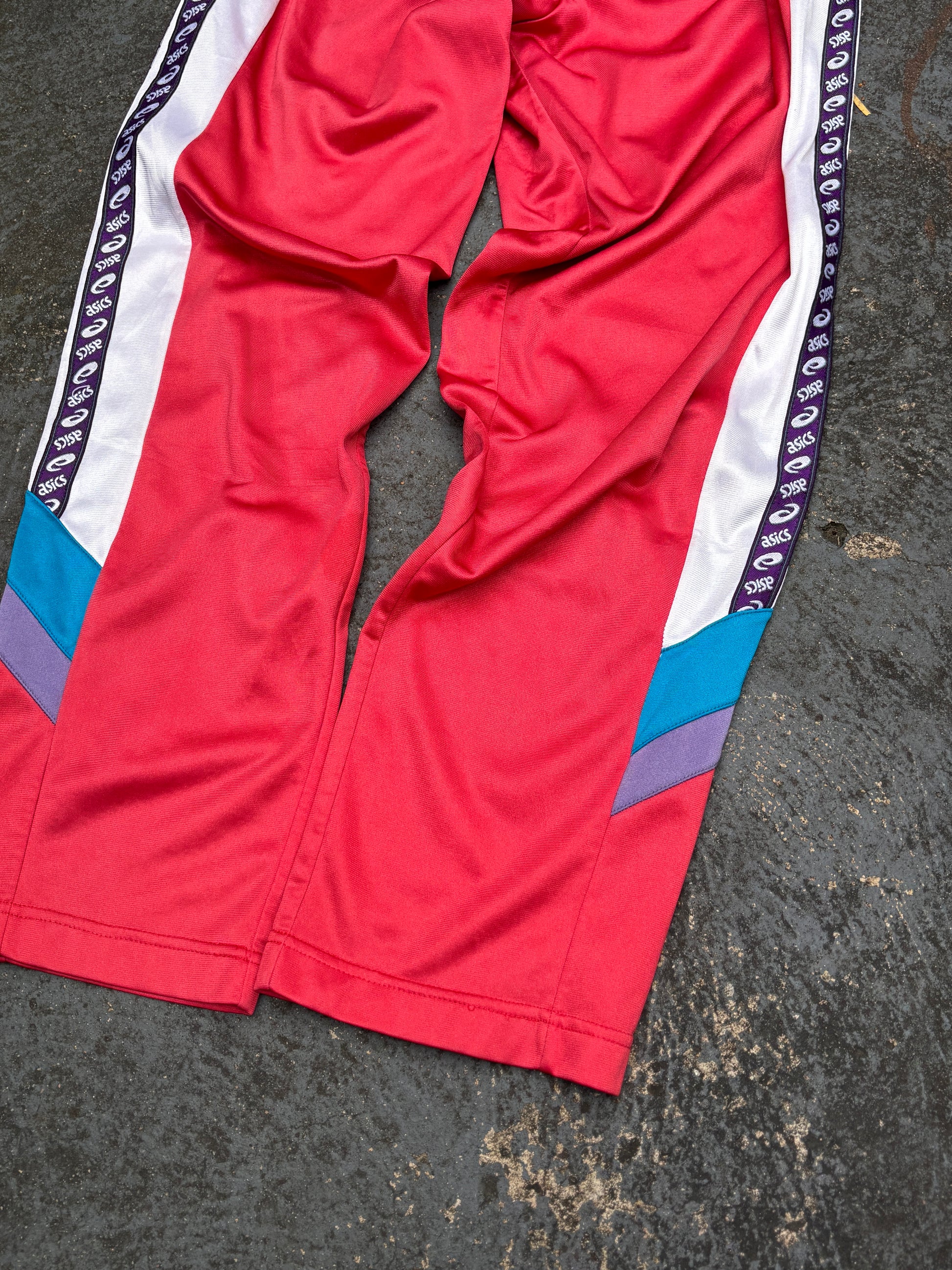 Vintage 90s Asics Track Pants Womens S Red Spell Out Side Tape Straight Leg Retro Style