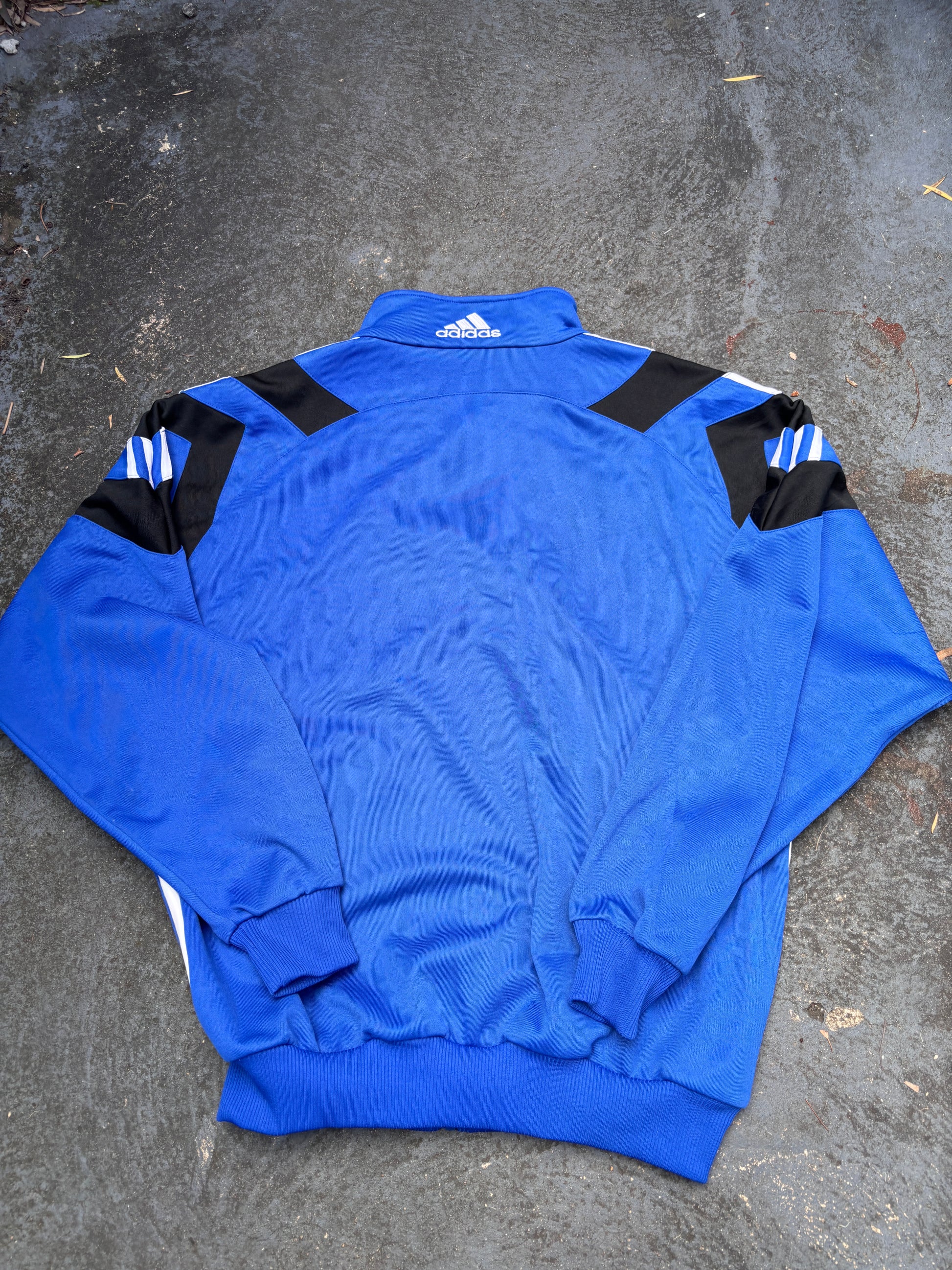 Vintage 90s Adidas Jacket Size L Blue Navy 3 Stripe Football Satin Style Finish
