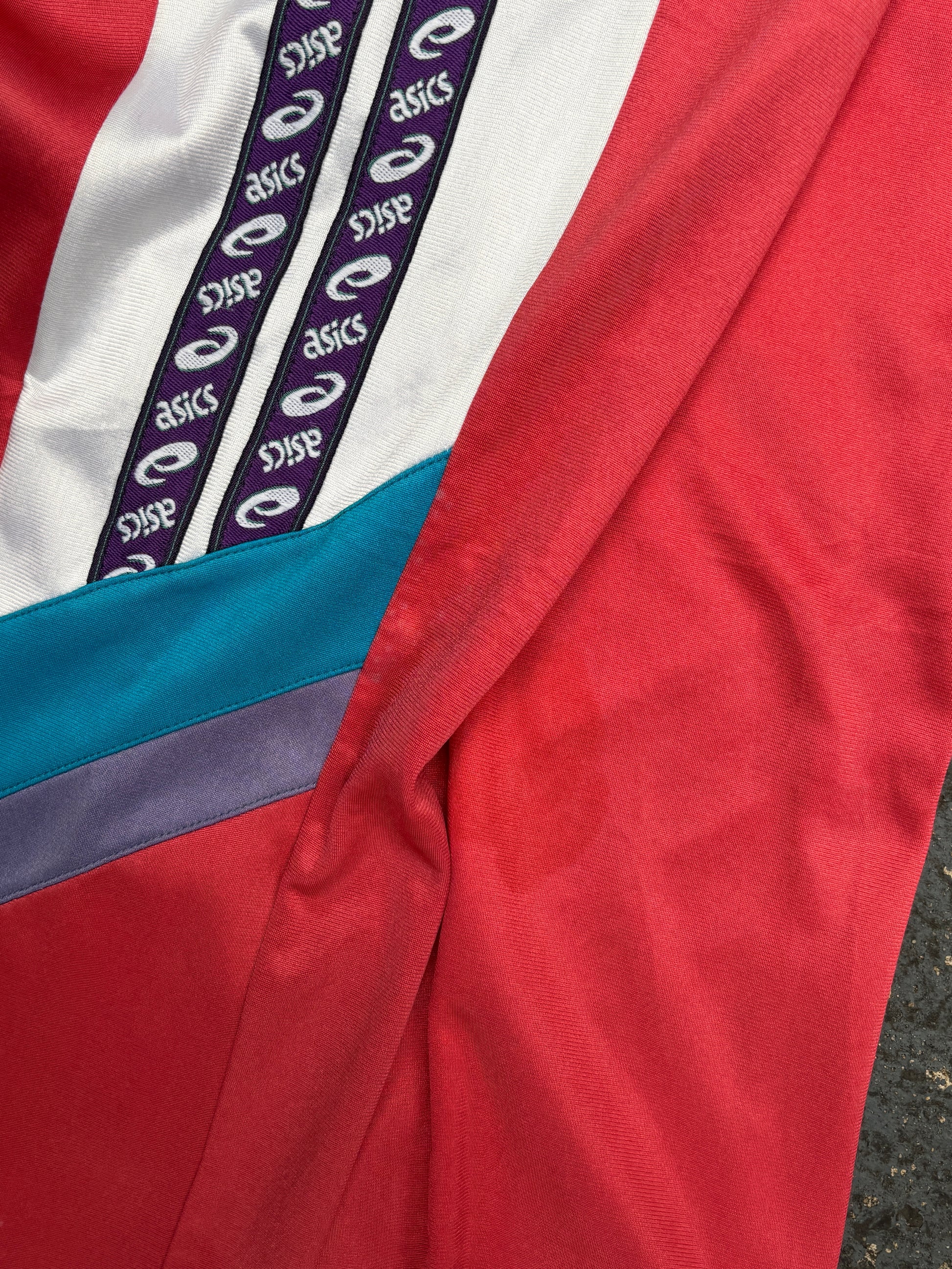 Vintage 90s Asics Track Pants Womens S Red Spell Out Side Tape Straight Leg Retro Style