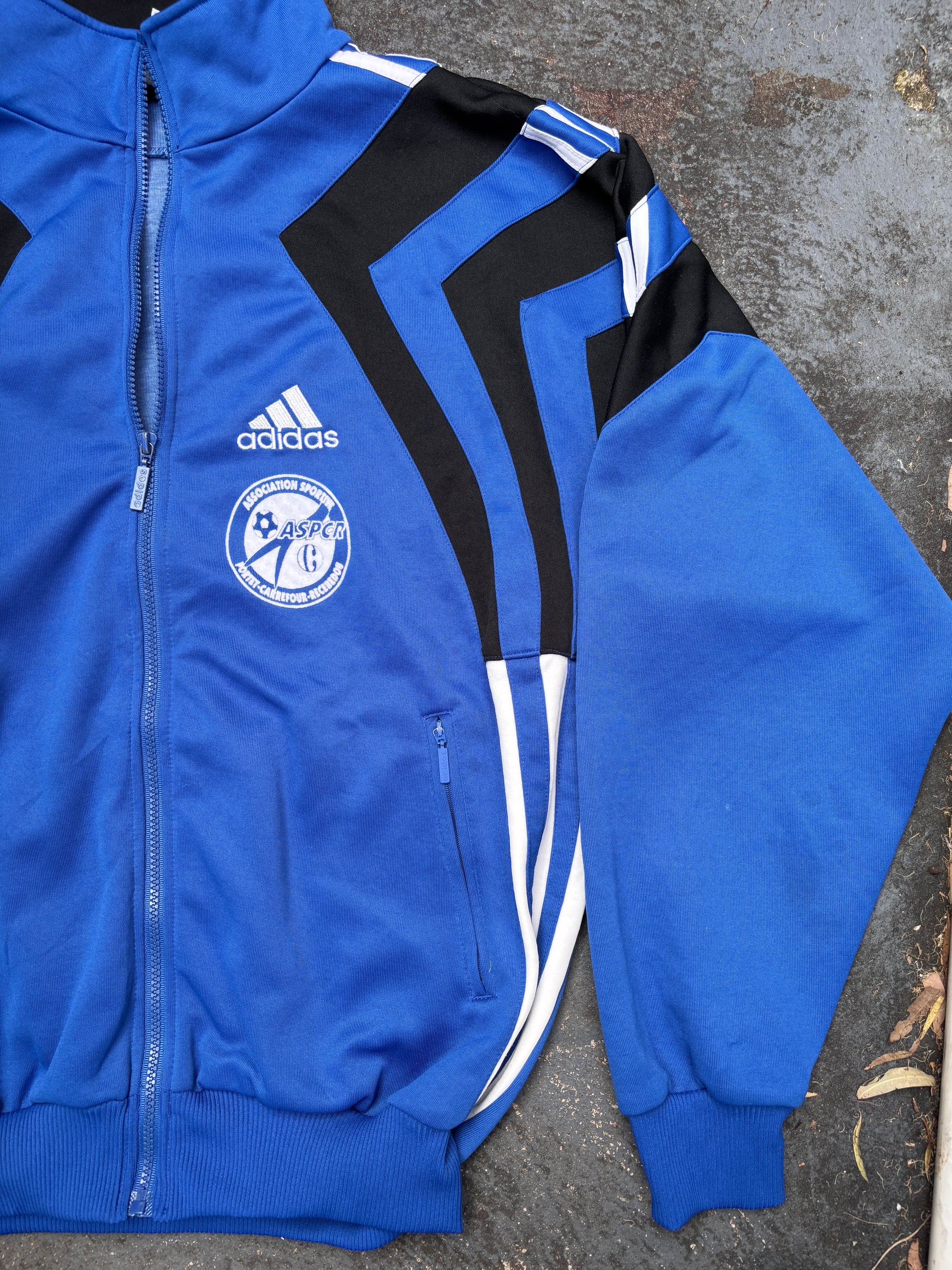 Vintage 90s Adidas Jacket Size L Blue Navy 3 Stripe Football Satin Style Finish