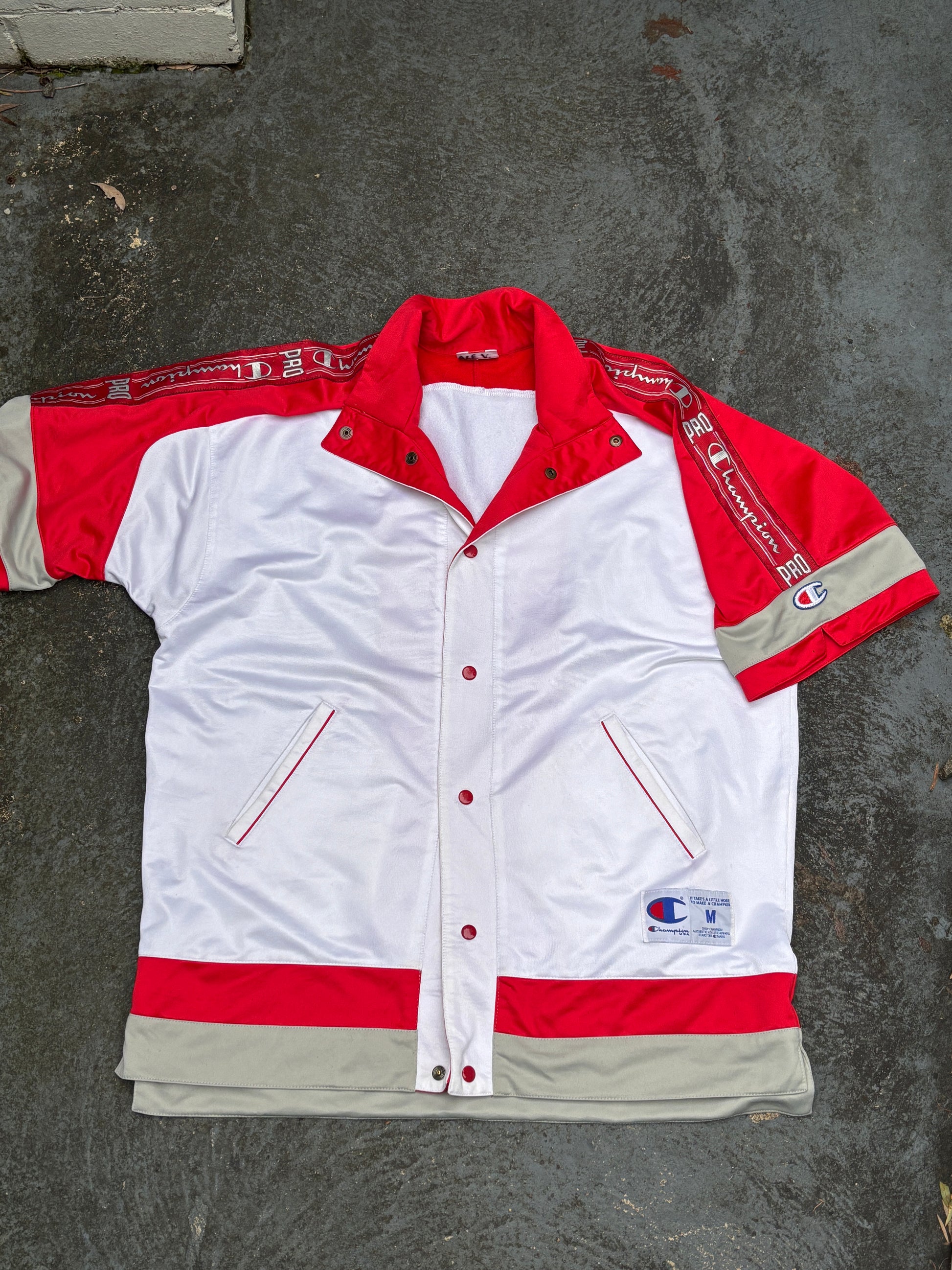 Vintage 90s Champion Pro Warm Up Jacket Size M Oversized White Logo Tape Button