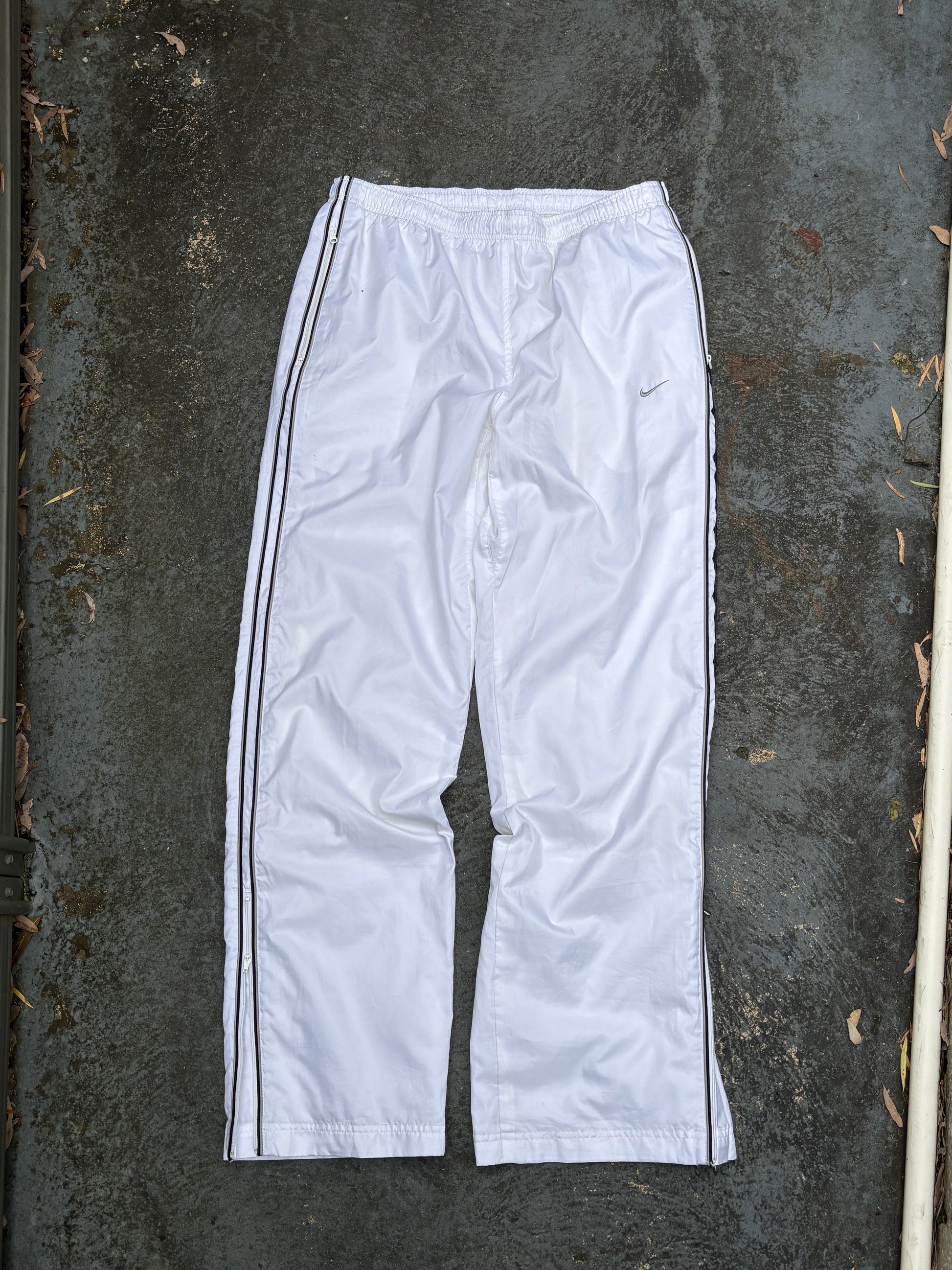 Vintage Y2K Nike Track Pants L White Grey Side Detail Wide Leg Ankle Zip Windbreakers