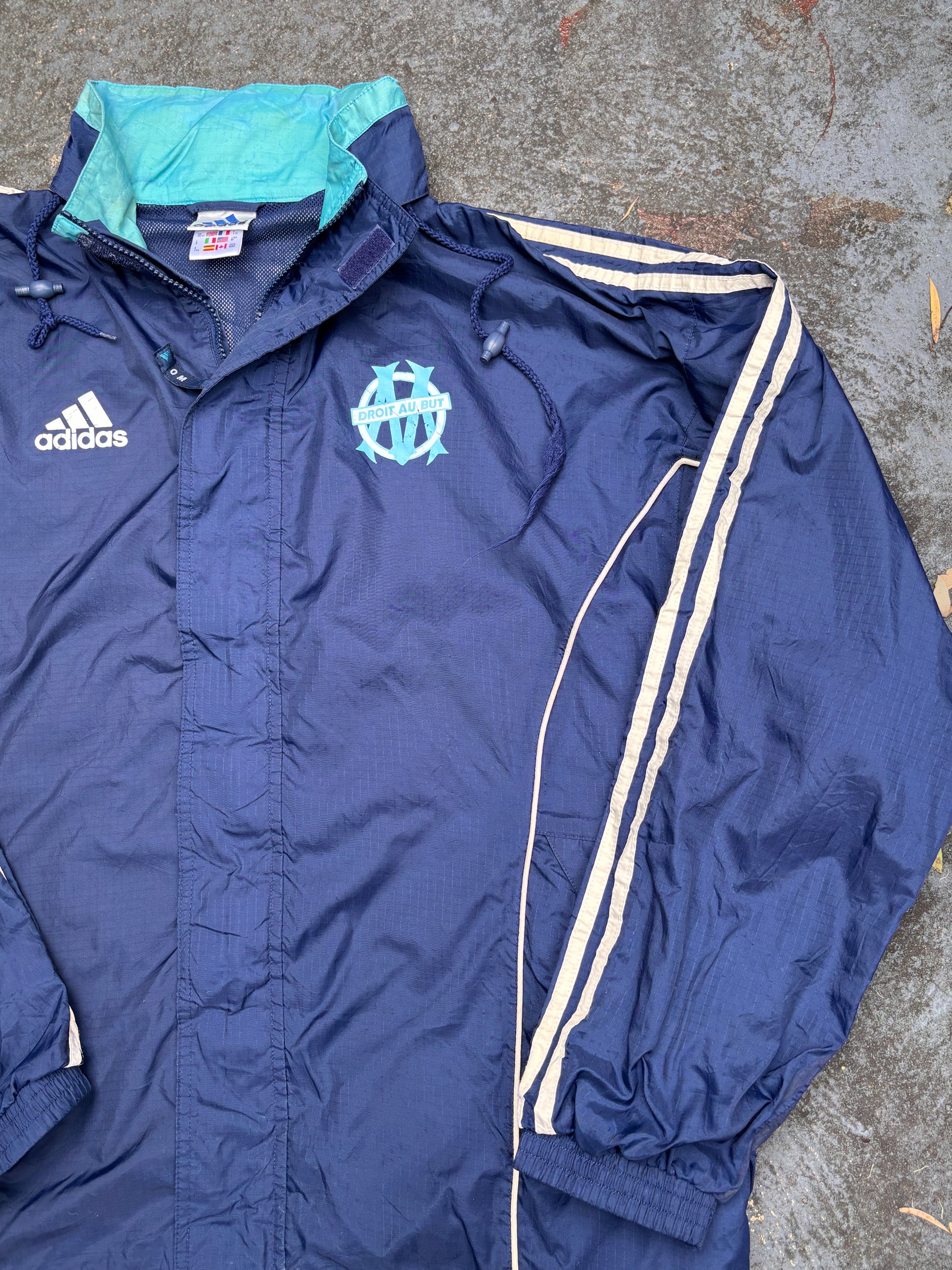 Vintage Adidas Droit Au But Jacket Size M Navy Chest Logo Nylon Windbreaker w Hood