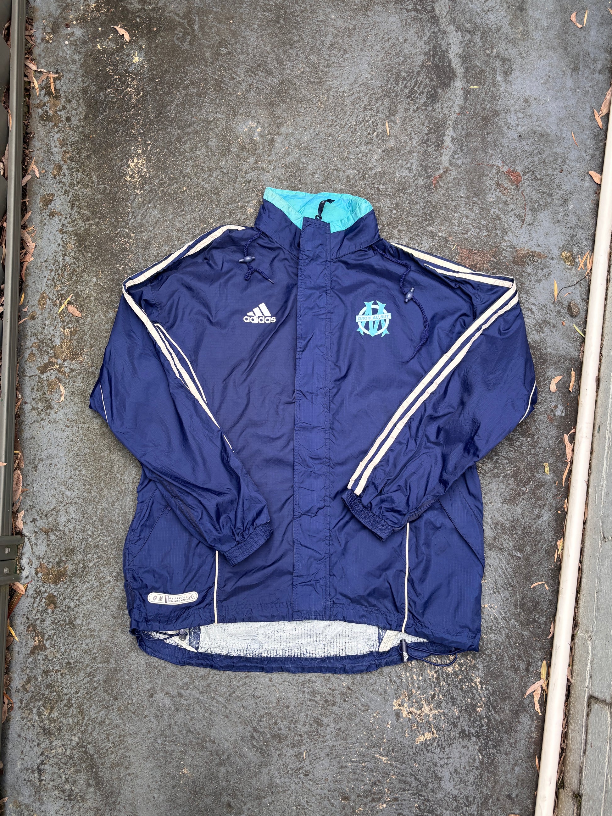 Vintage Adidas Droit Au But Jacket Size M Navy Chest Logo Nylon Windbreaker w Hood