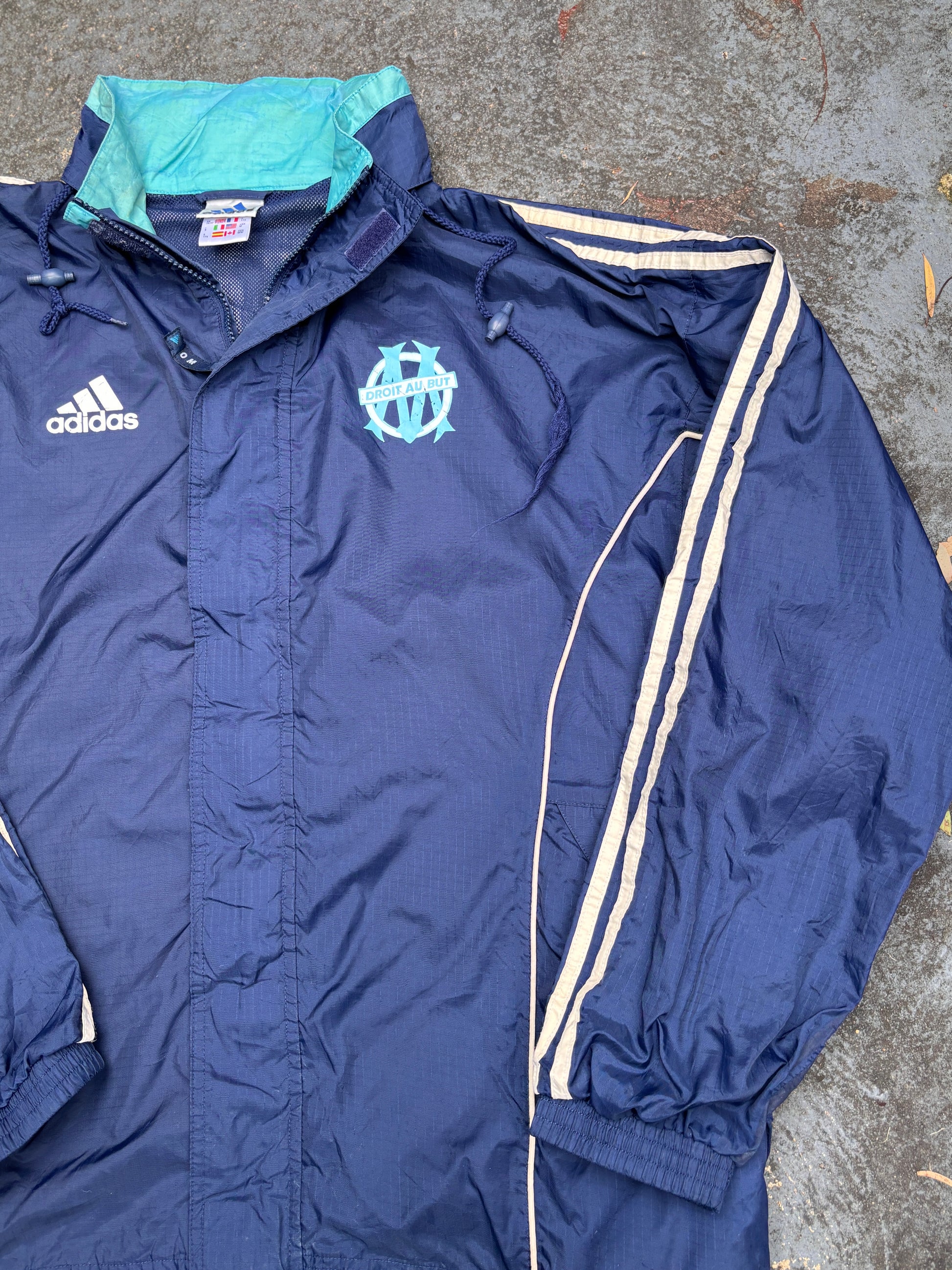 Vintage Adidas Droit Au But Jacket Size M Navy Chest Logo Nylon Windbreaker w Hood