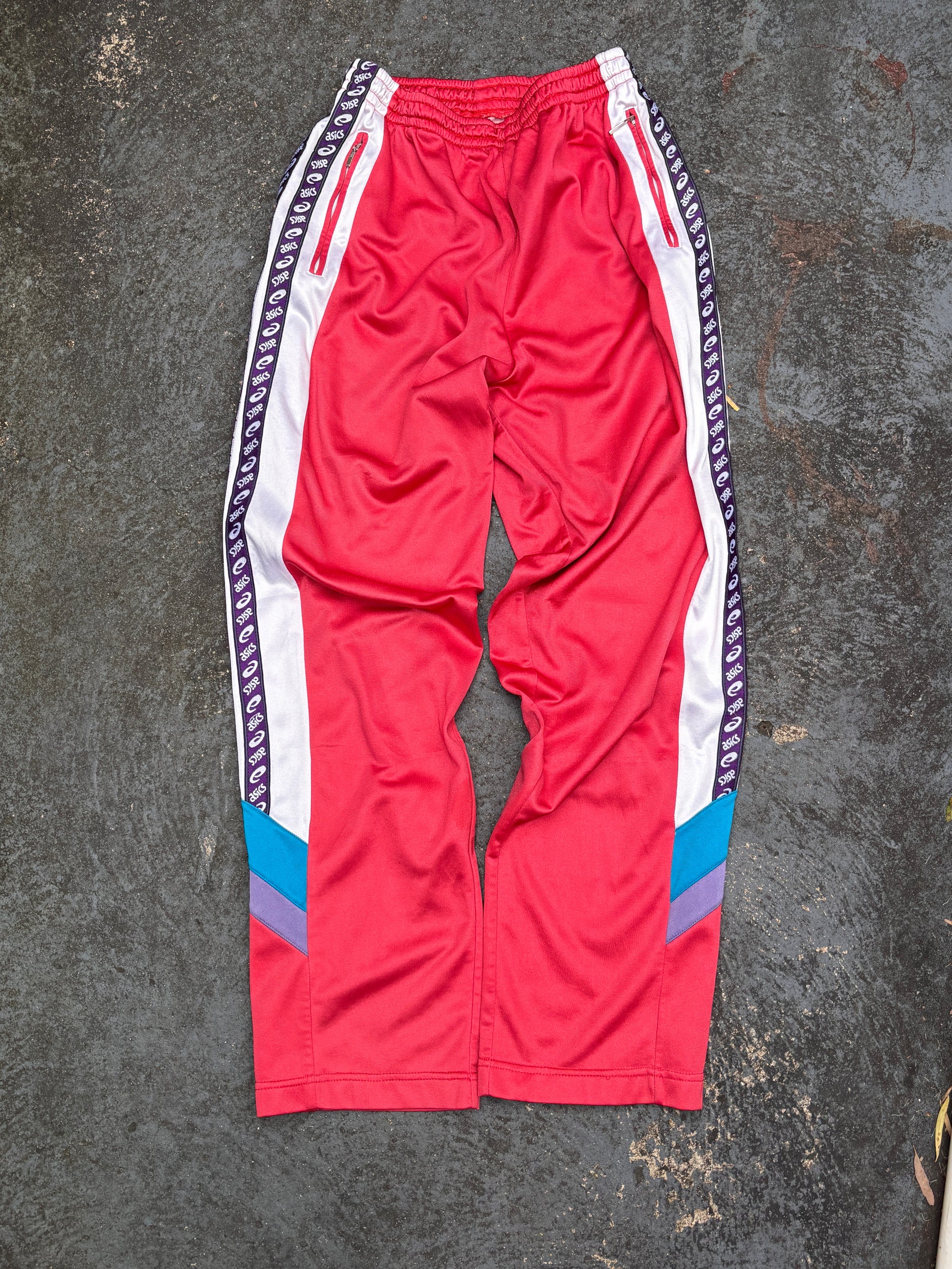 Vintage 90s Asics Track Pants Womens S Red Spell Out Side Tape Straight Leg Retro Style