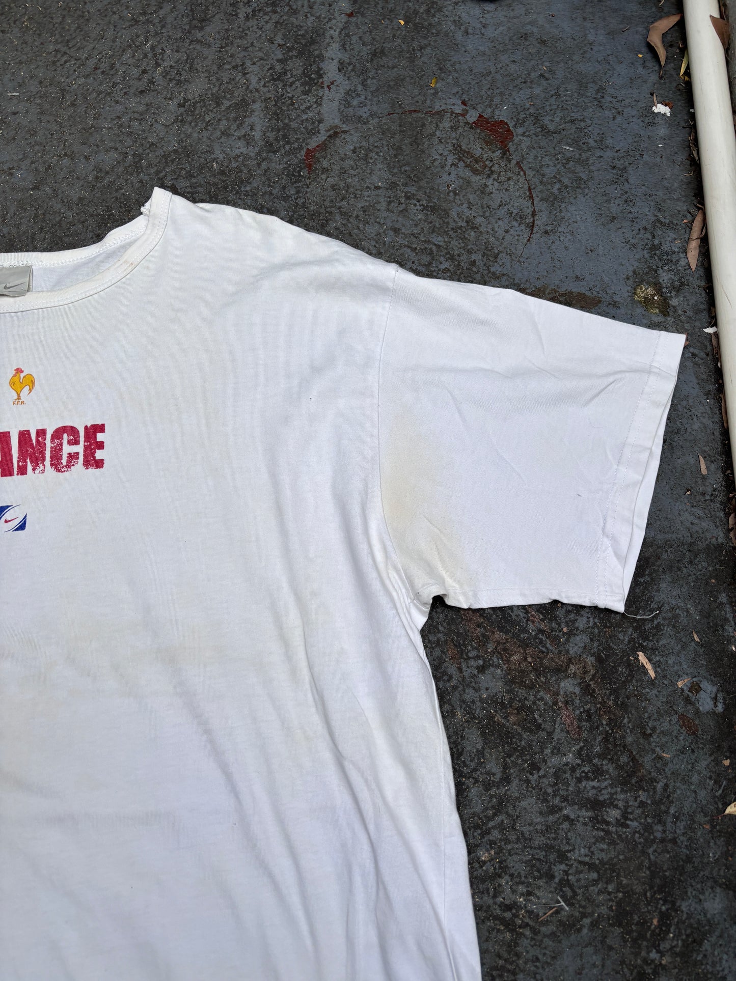 Vintage Y2K Nike France Rugby T-Shirt XL White Faded Crew Neck Made in Aus