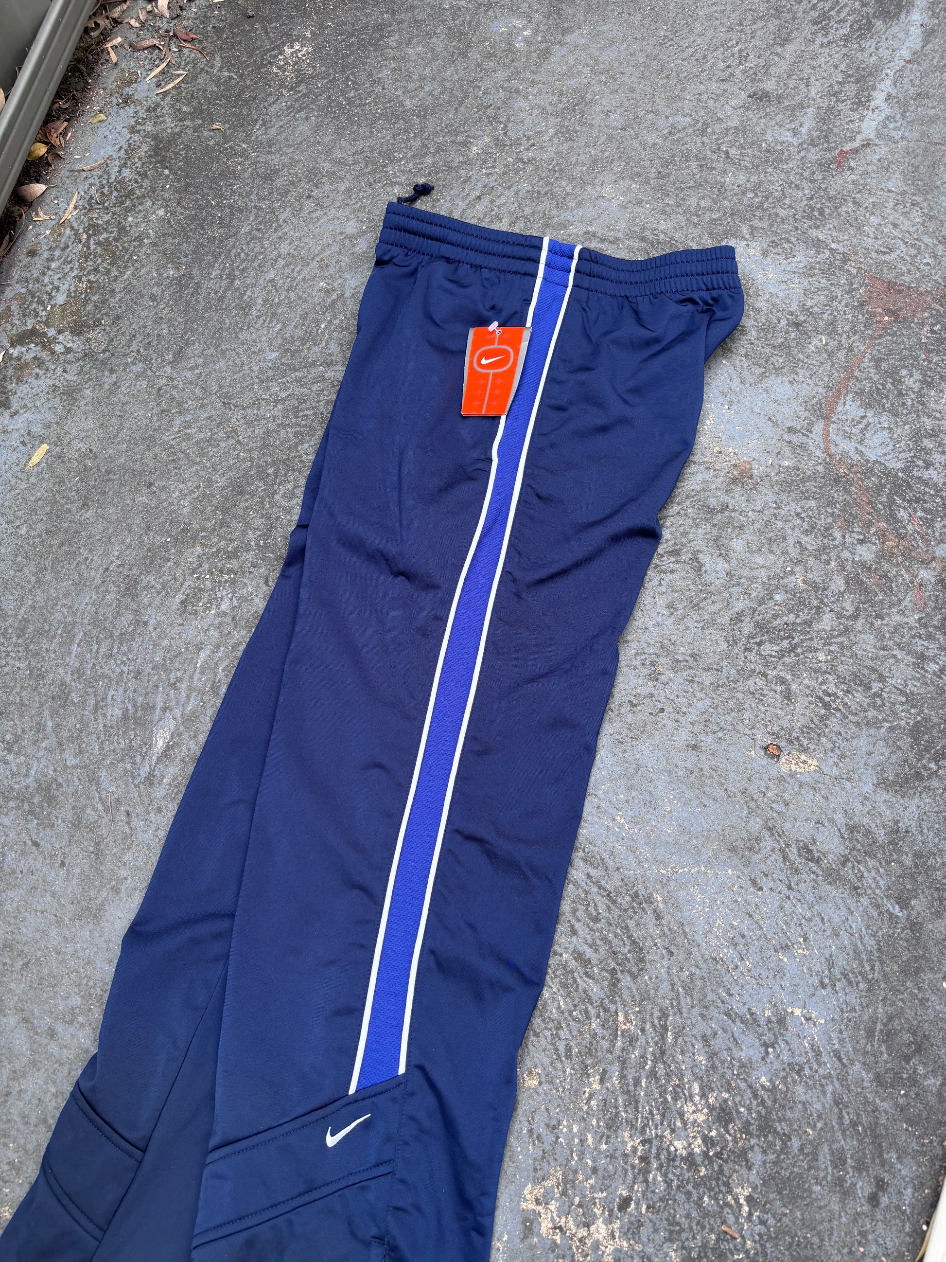 Vintage Y2K Nike Track Pants Unisex Size S Navy Blue Detail Satin Finish NWT Deadstock