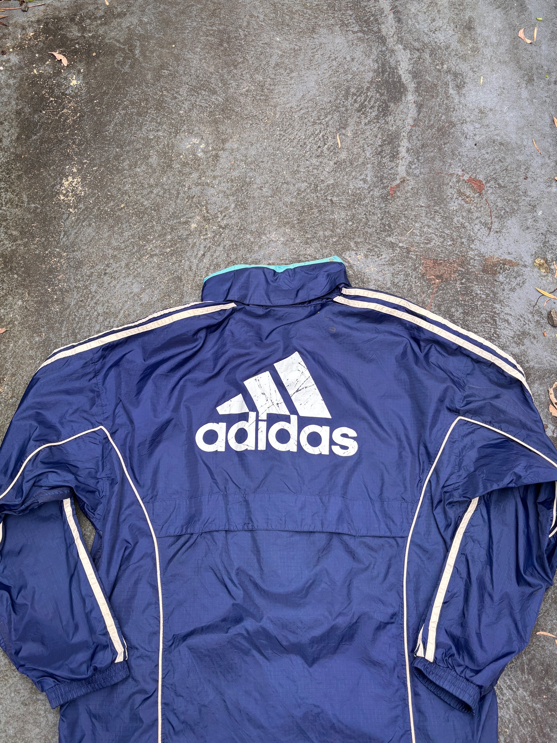 Vintage Adidas Droit Au But Jacket Size M Navy Chest Logo Nylon Windbreaker w Hood