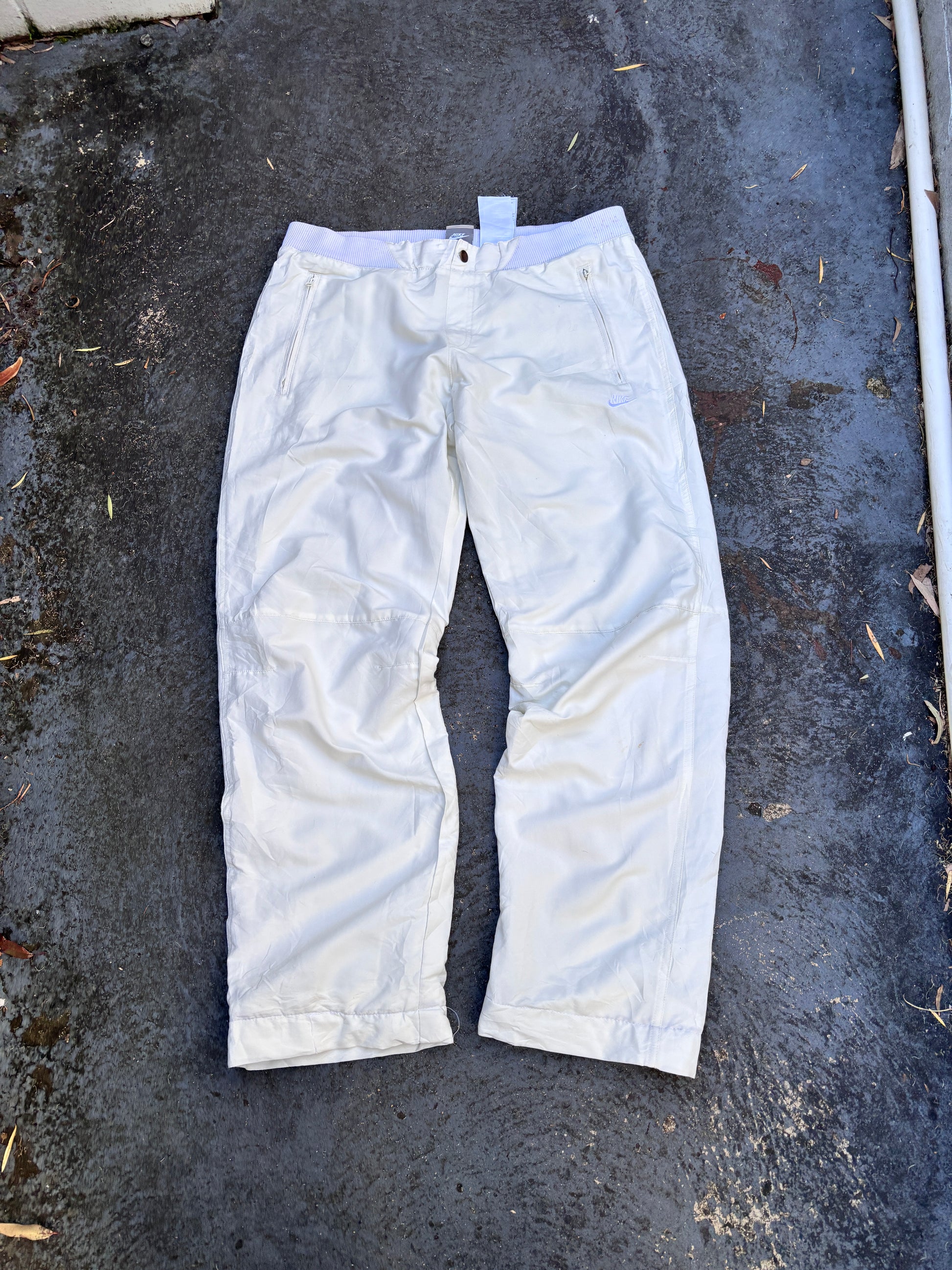 Vintage Y2K Nike Track Pants Womens M Cream White Logo Wide Leg Windbreakers Button Waist