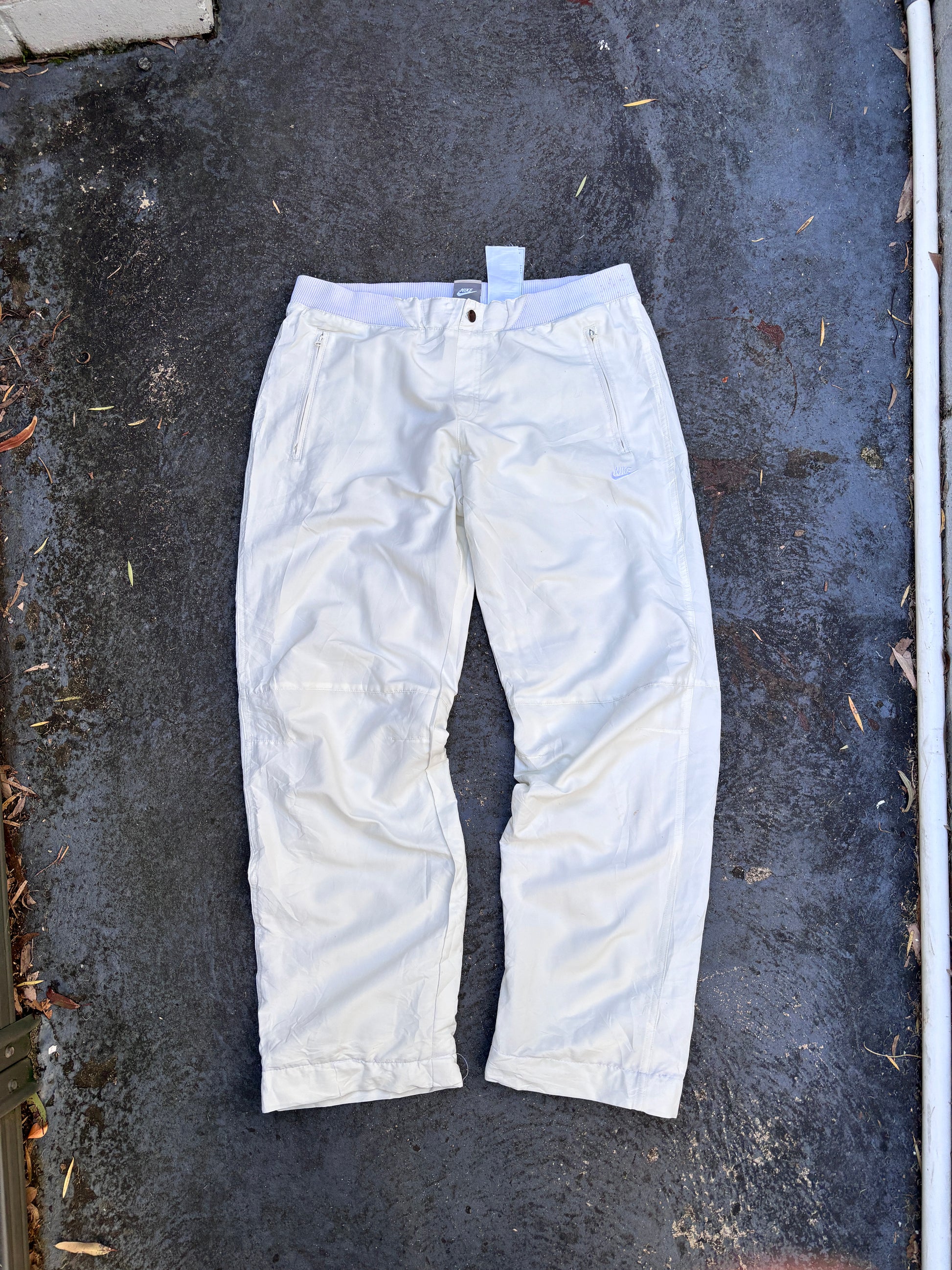 Vintage Y2K Nike Track Pants Womens M Cream White Logo Wide Leg Windbreakers Button Waist