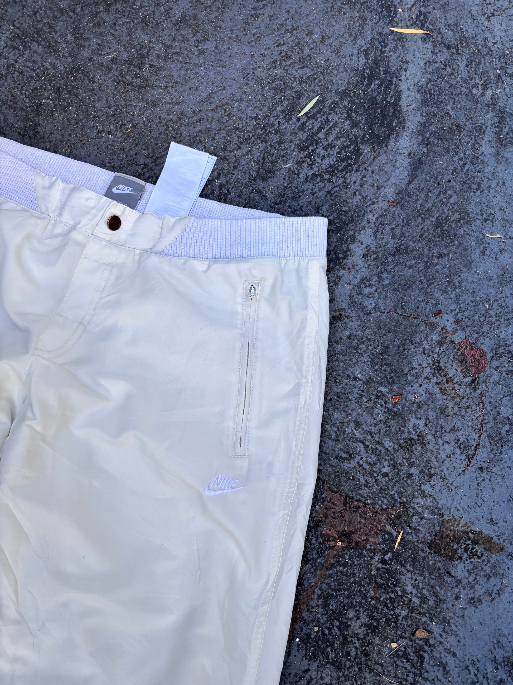 Vintage Y2K Nike Track Pants Womens M Cream White Logo Wide Leg Windbreakers Button Waist
