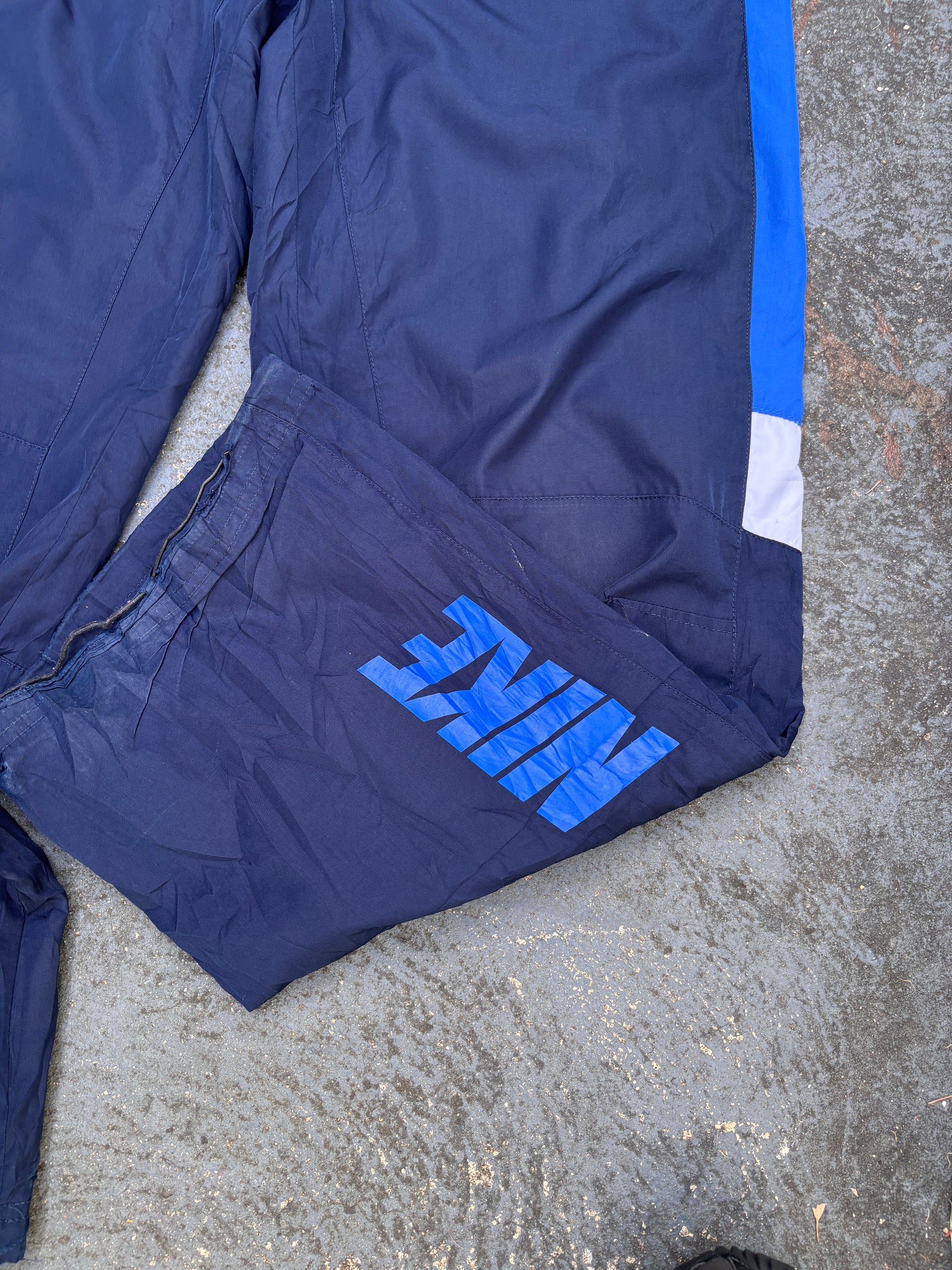 Vintage Y2K Nike Track Pants Small Navy Blue Detail Spell Out Logo Wide Leg Bungee