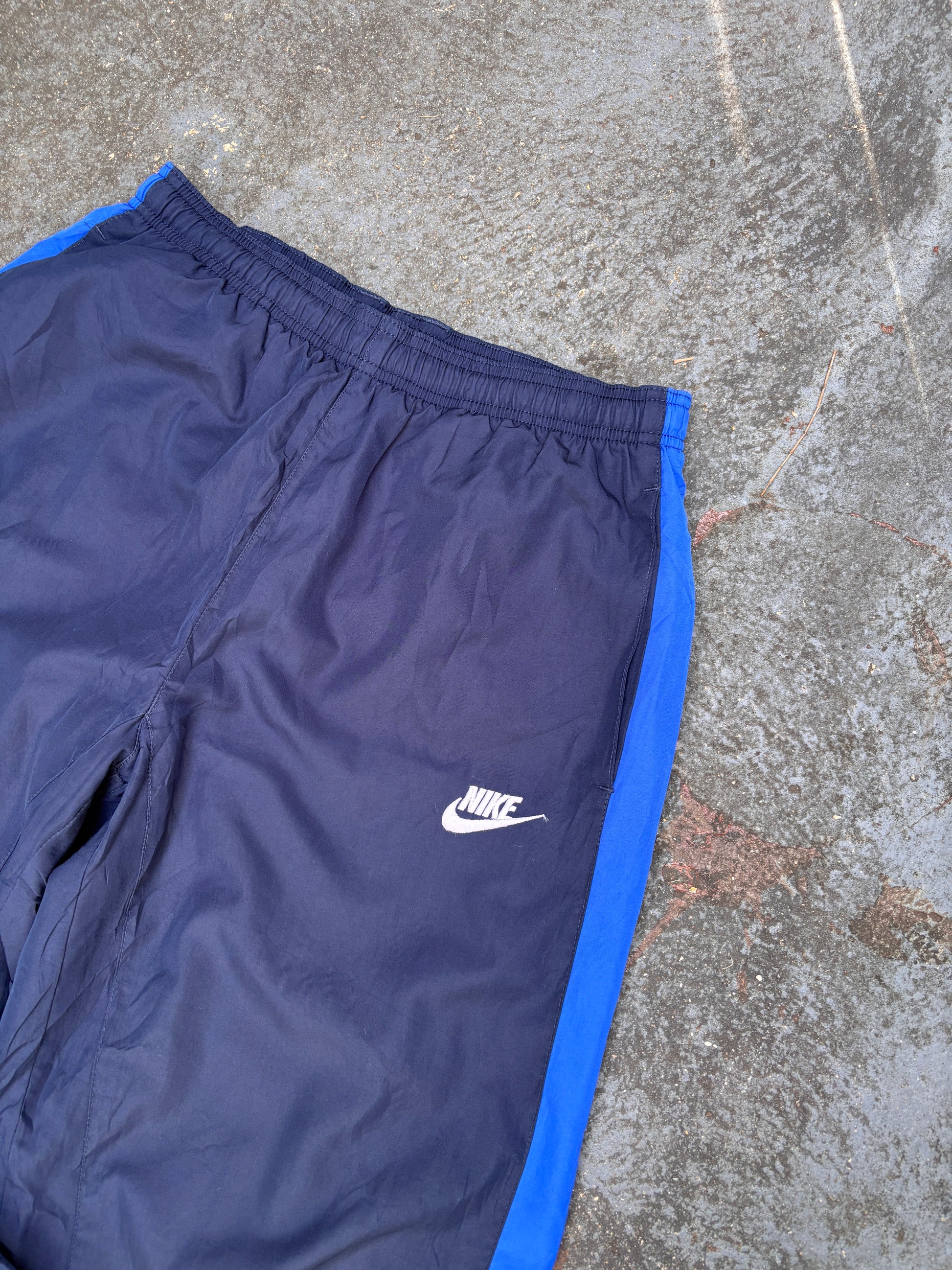 Vintage Y2K Nike Track Pants Small Navy Blue Detail Spell Out Logo Wide Leg Bungee