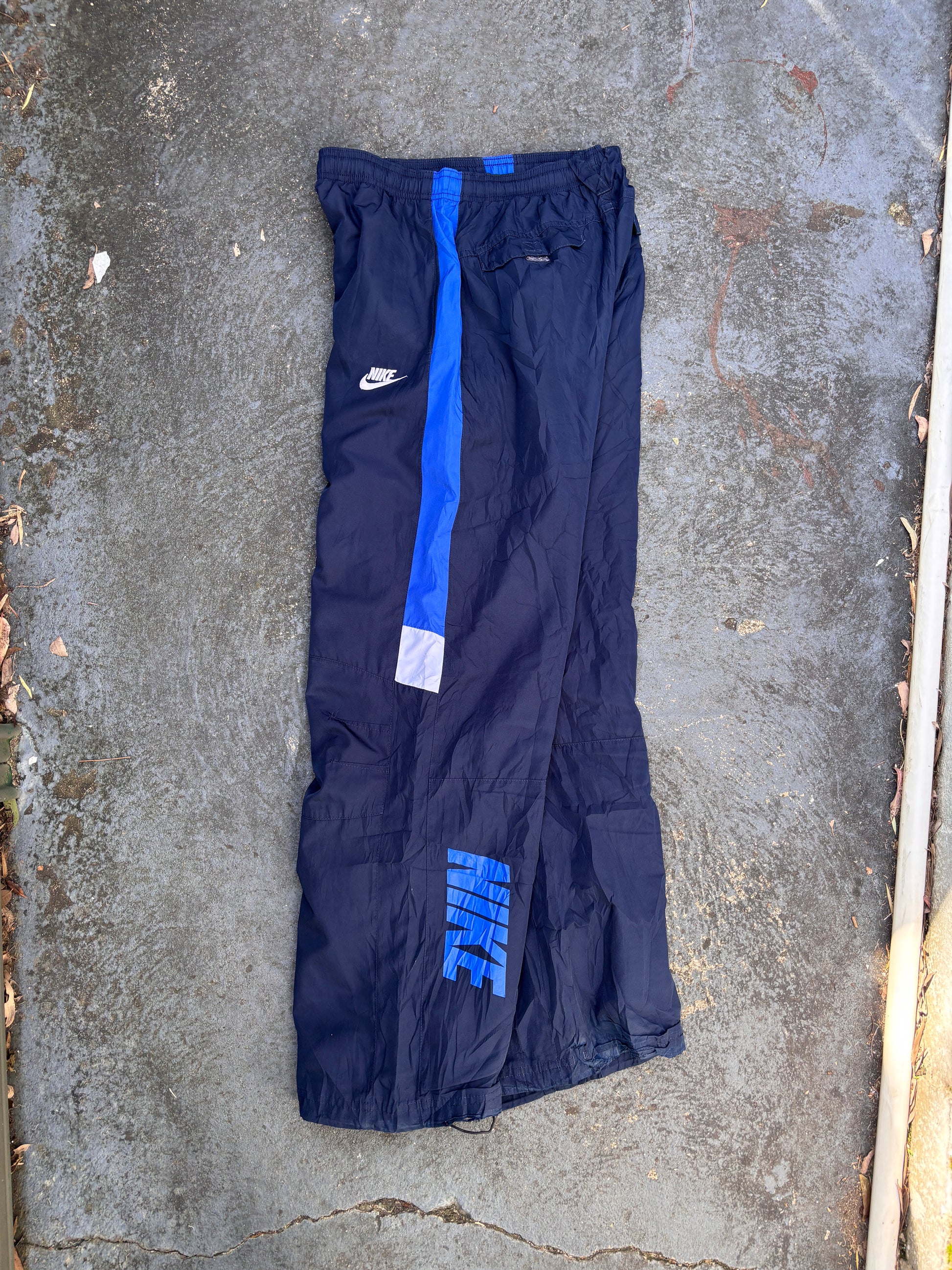 Vintage Y2K Nike Track Pants Small Navy Blue Detail Spell Out Logo Wide Leg Bungee