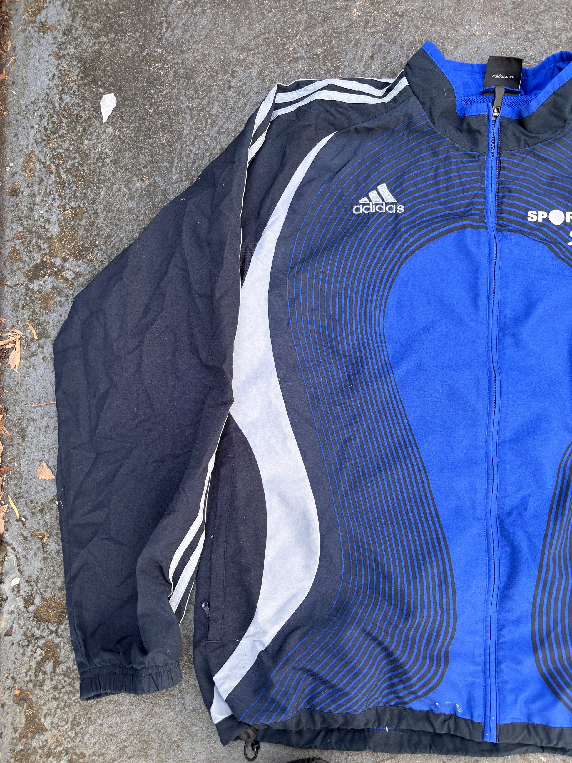 Vintage Y2K Adidas Football Jacket L Blue Black Detail Chest Logo 3-Stripes Full Zip