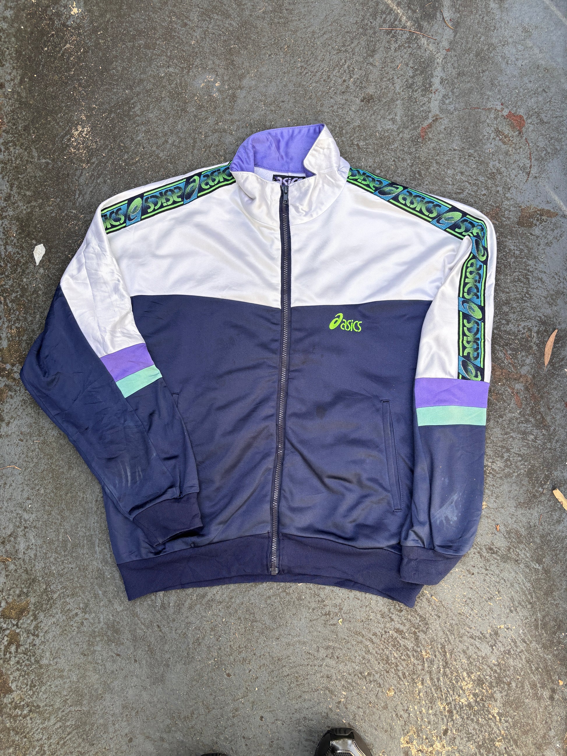 Vintage 90s ASICS Jacket Size M White Navy Chest Logo + Spell Out Tape Full Zip