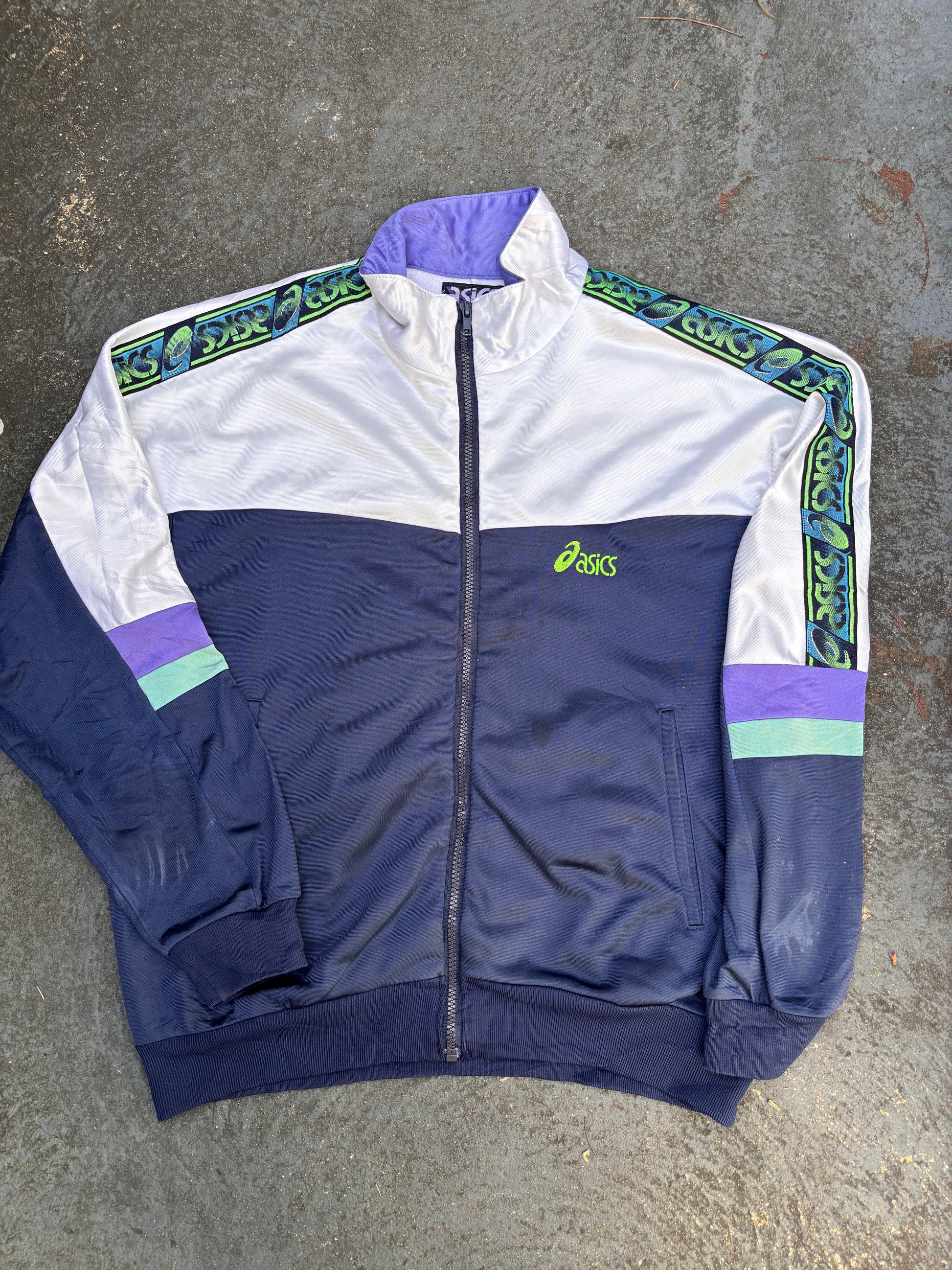 Vintage 90s ASICS Jacket Size M White Navy Chest Logo + Spell Out Tape Full Zip