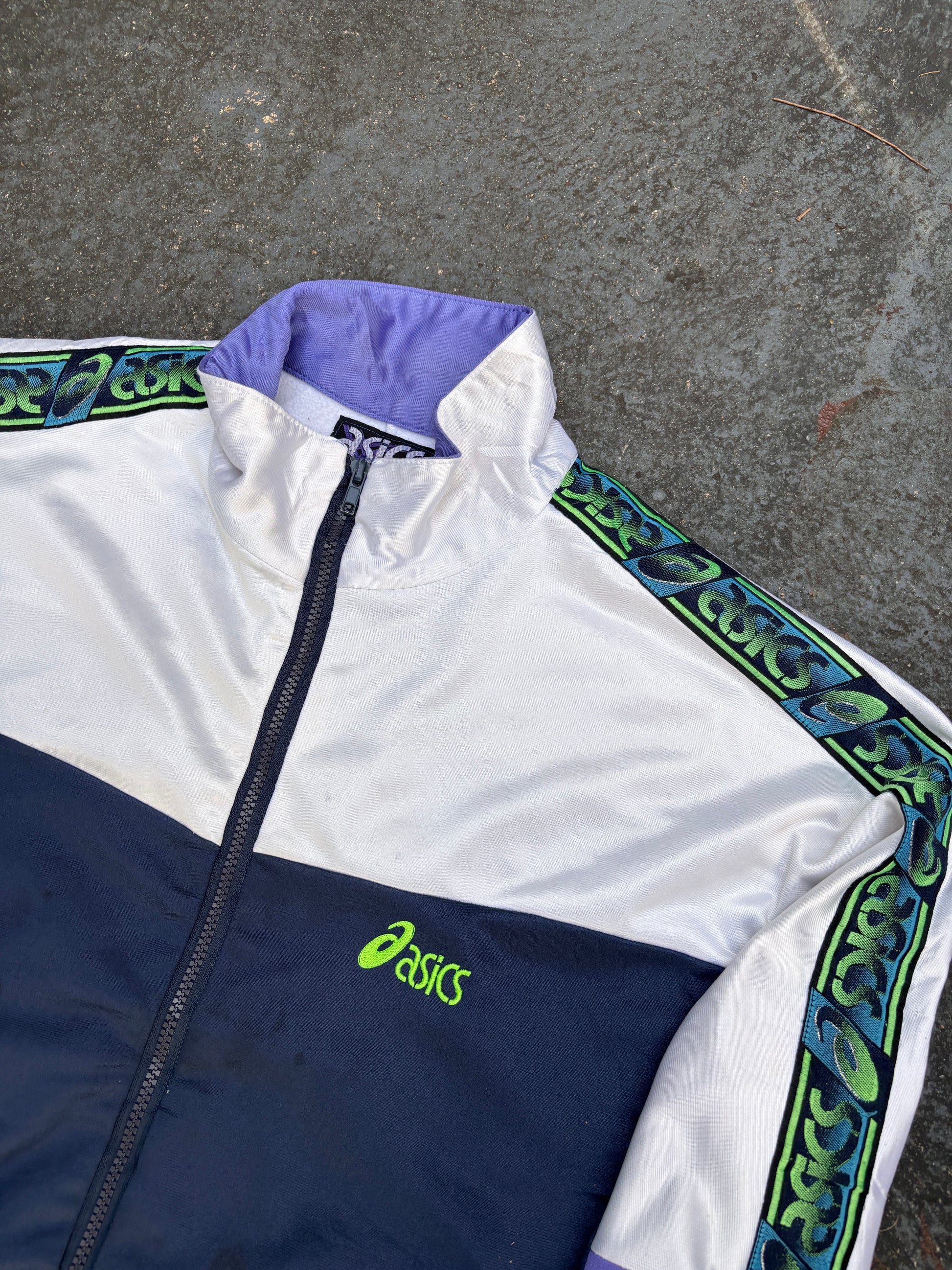 Vintage 90s ASICS Jacket Size M White Navy Chest Logo + Spell Out Tape Full Zip