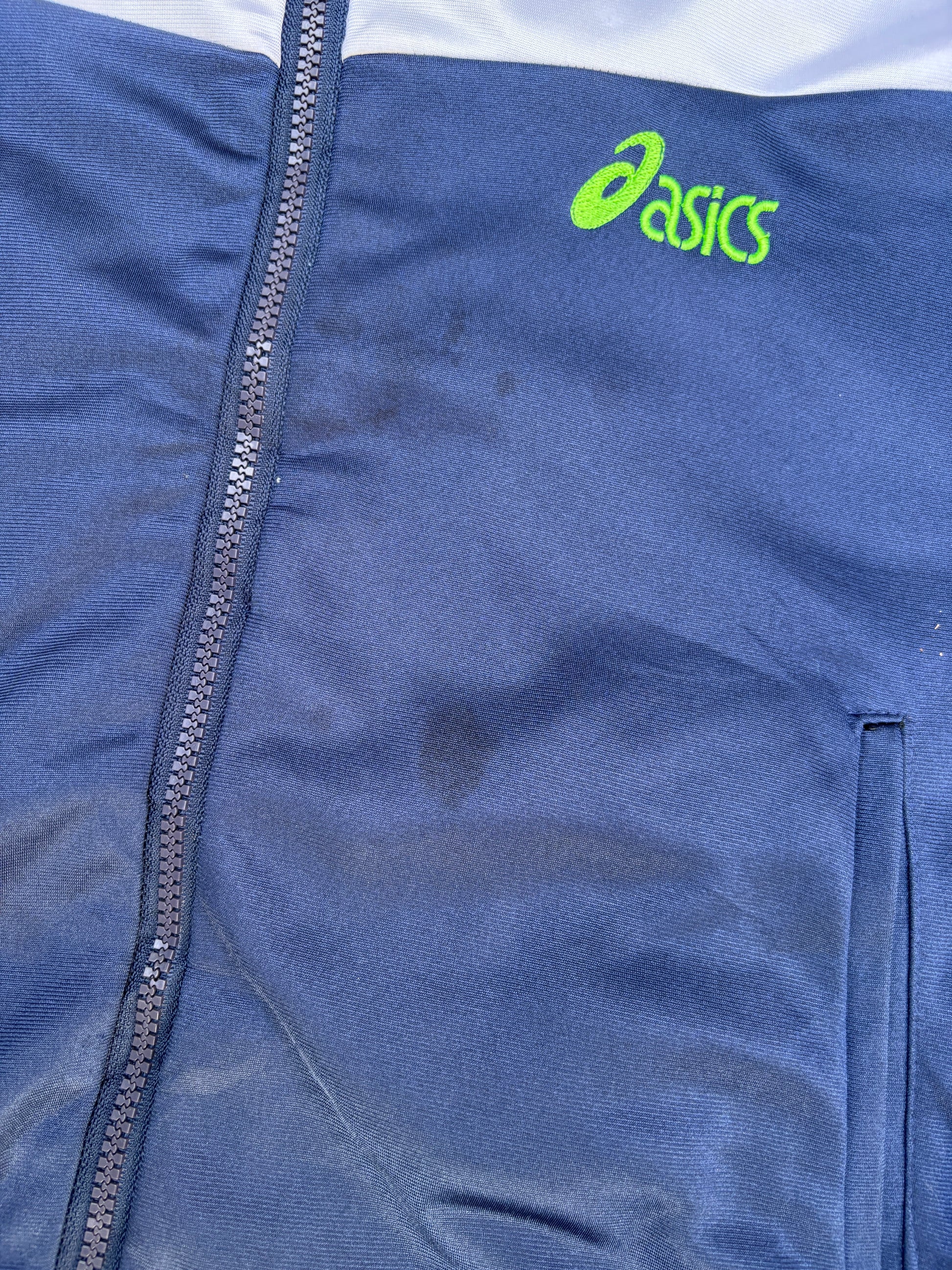 Vintage 90s ASICS Jacket Size M White Navy Chest Logo + Spell Out Tape Full Zip