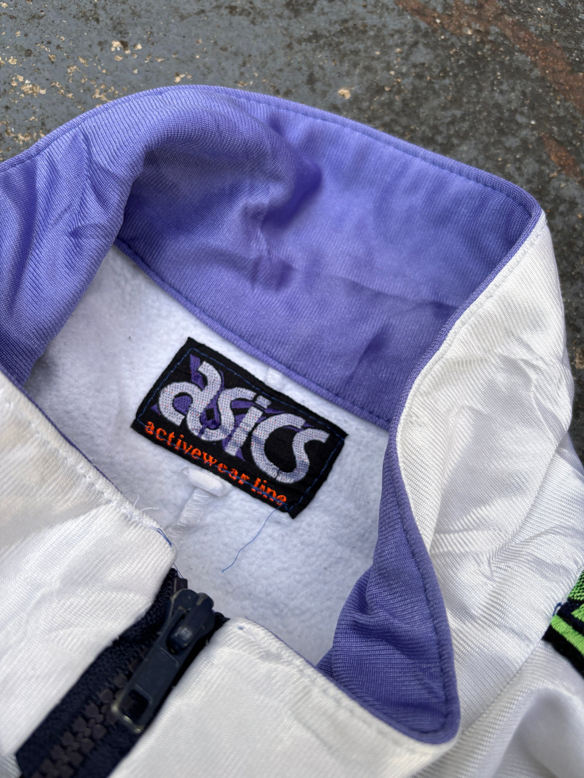 Vintage 90s ASICS Jacket Size M White Navy Chest Logo + Spell Out Tape Full Zip