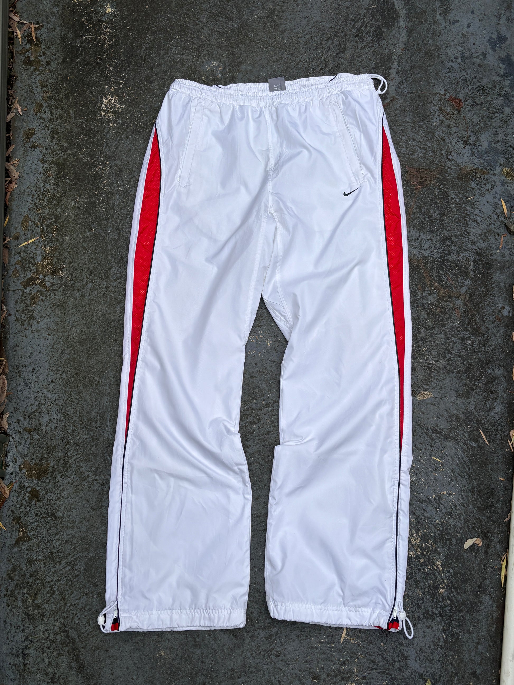 Vintage Y2K Nike Track Pants Size L White Red Detail Wide Leg Bungee Waist Ankle Zip
