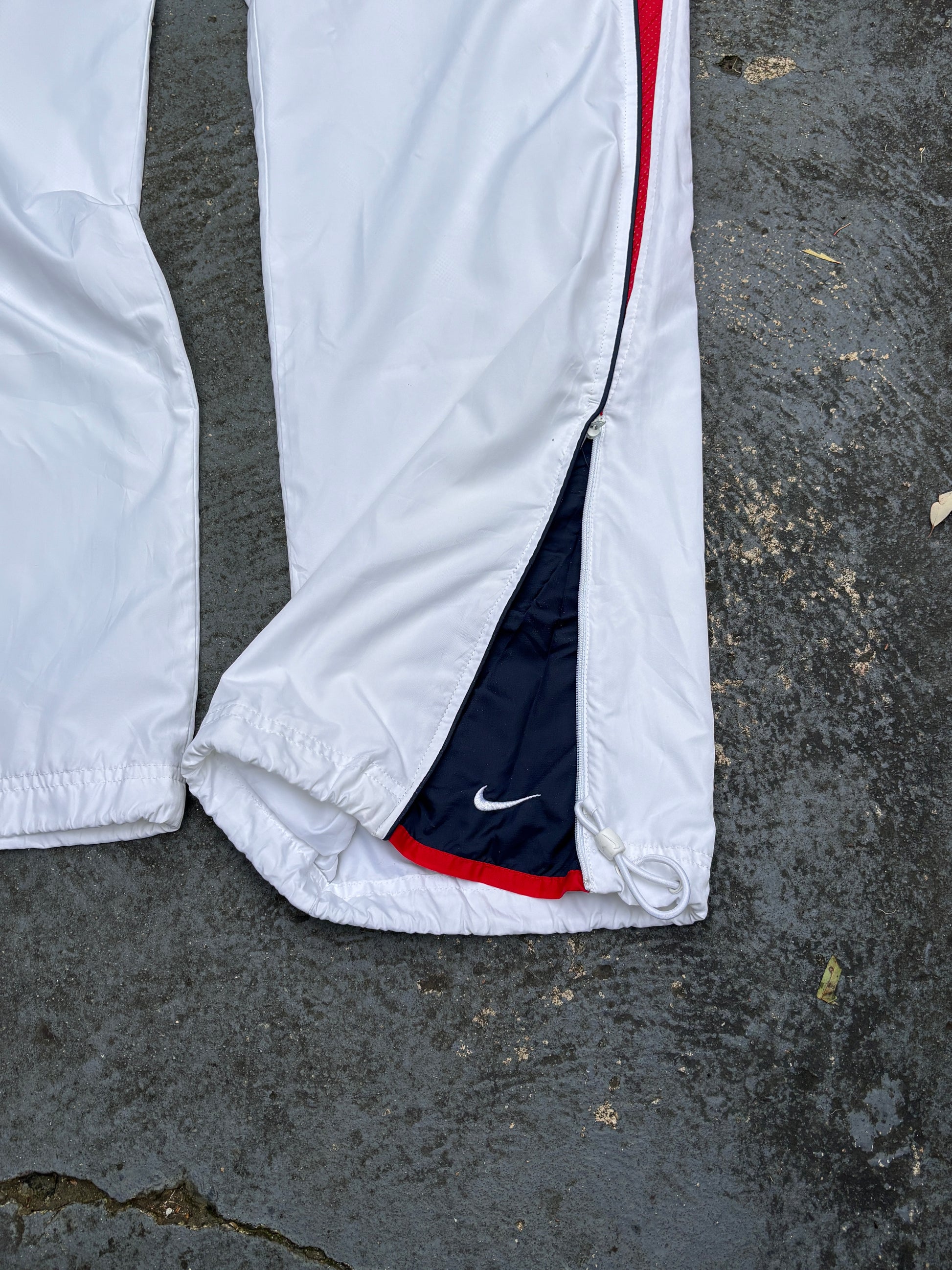 Vintage Y2K Nike Track Pants Size L White Red Detail Wide Leg Bungee Waist Ankle Zip