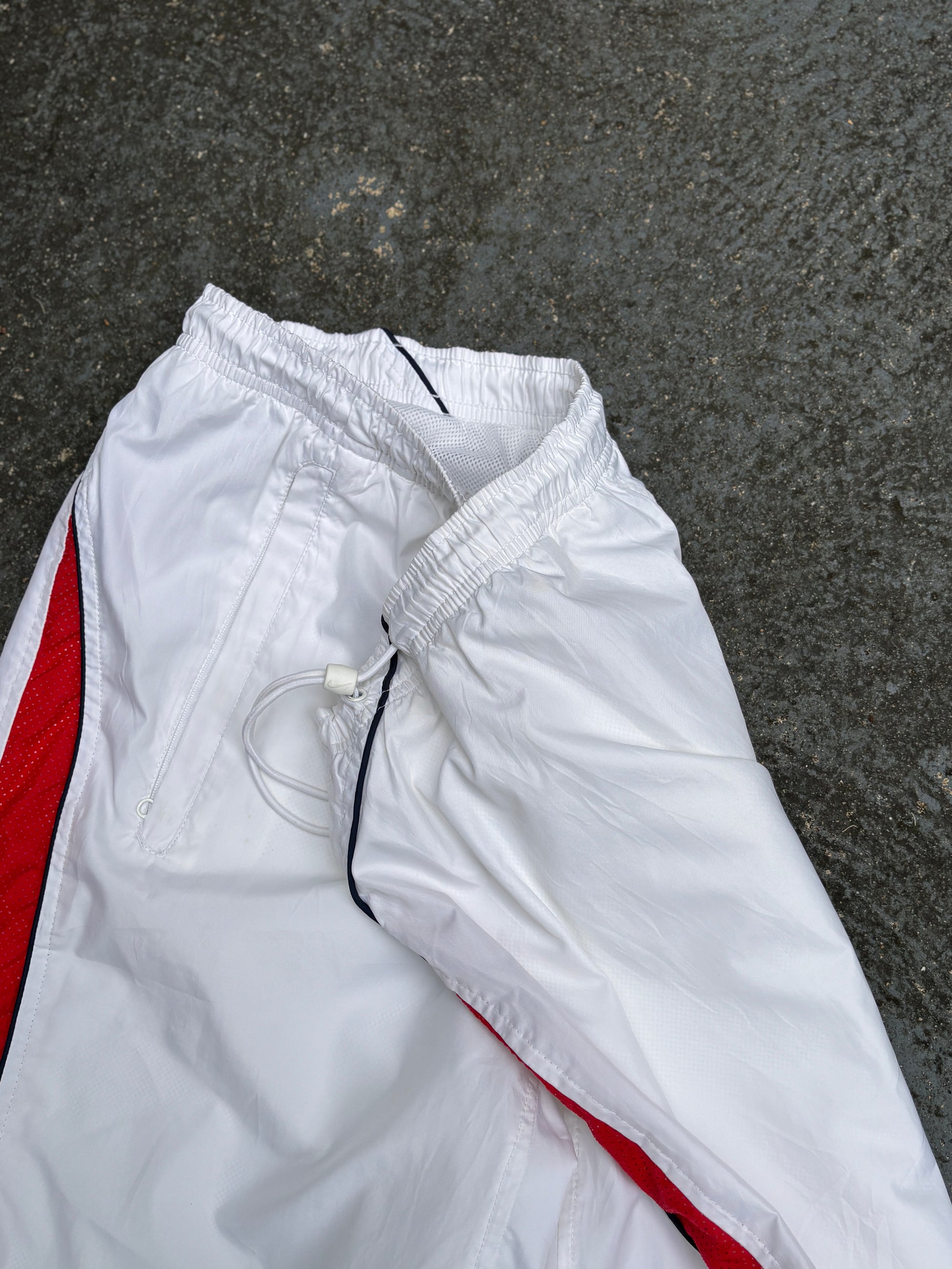 Vintage Y2K Nike Track Pants Size L White Red Detail Wide Leg Bungee Waist Ankle Zip